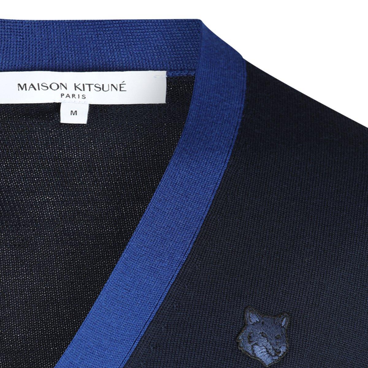 Shop Maison Kitsuné Bold Fox Head Patch V-neck Cardigan In Blue