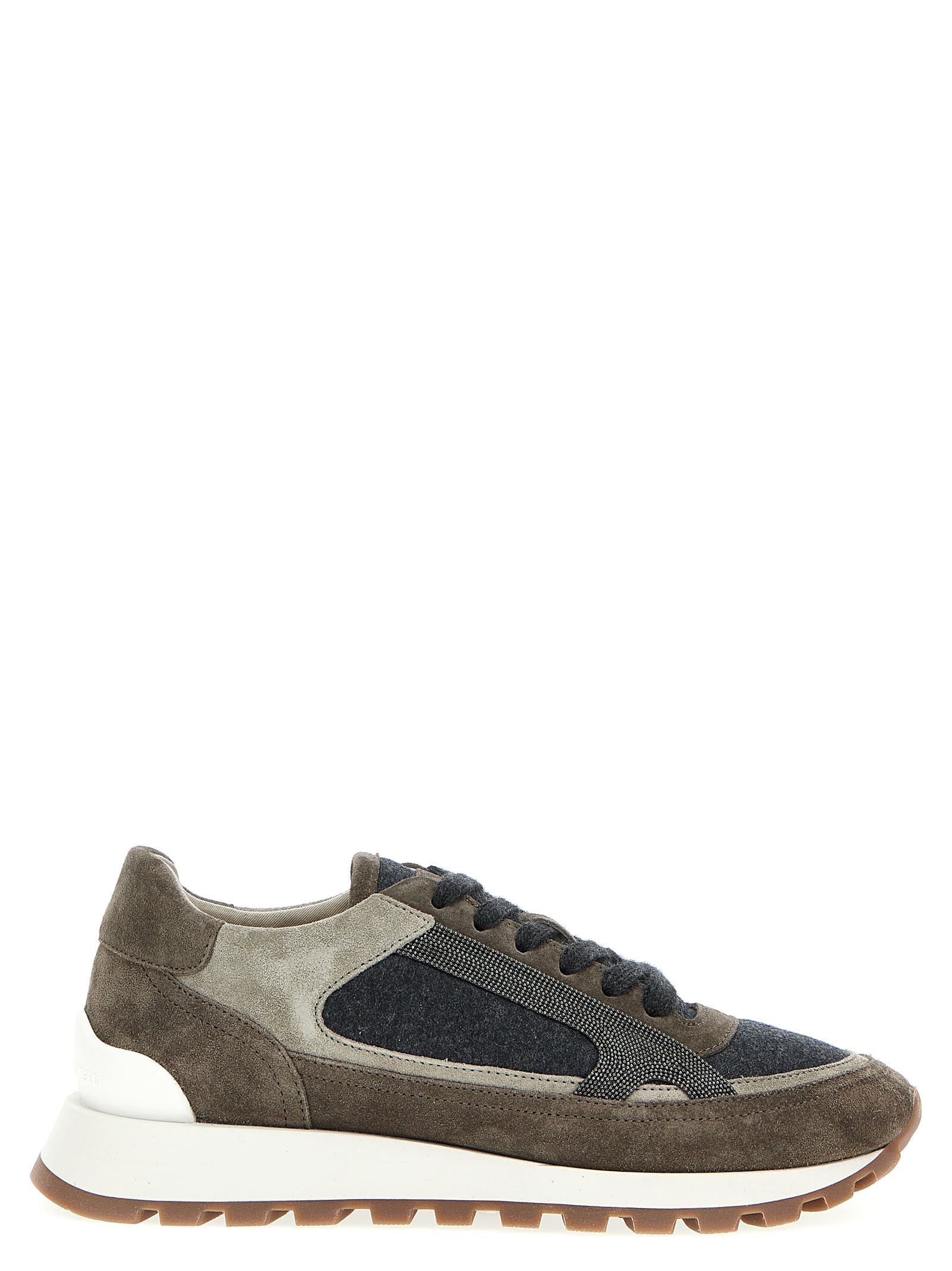 Suede Runner Sneaker Shoe With Wool Inserts Embellished With Brilliant Monili Detail On The Sides. Closure With Laces