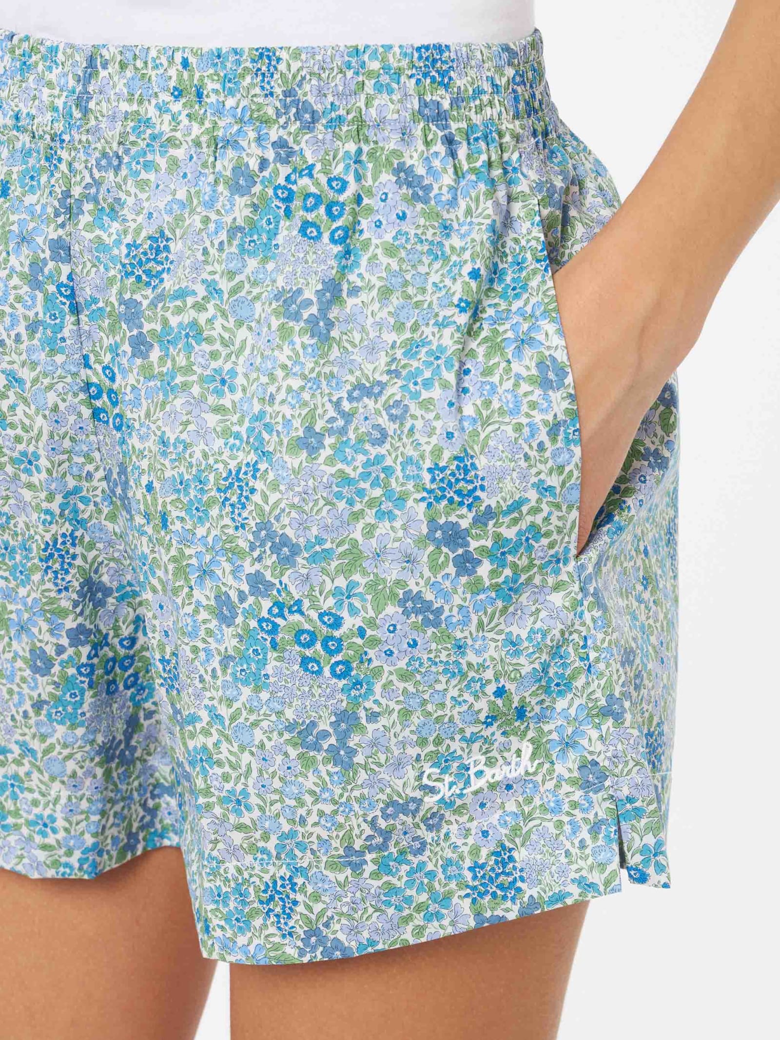 Mc2 Saint Barth Woman Cotton Joanna Luise Pull Up Shorts Meave Made With Liberty Fabric In Sky