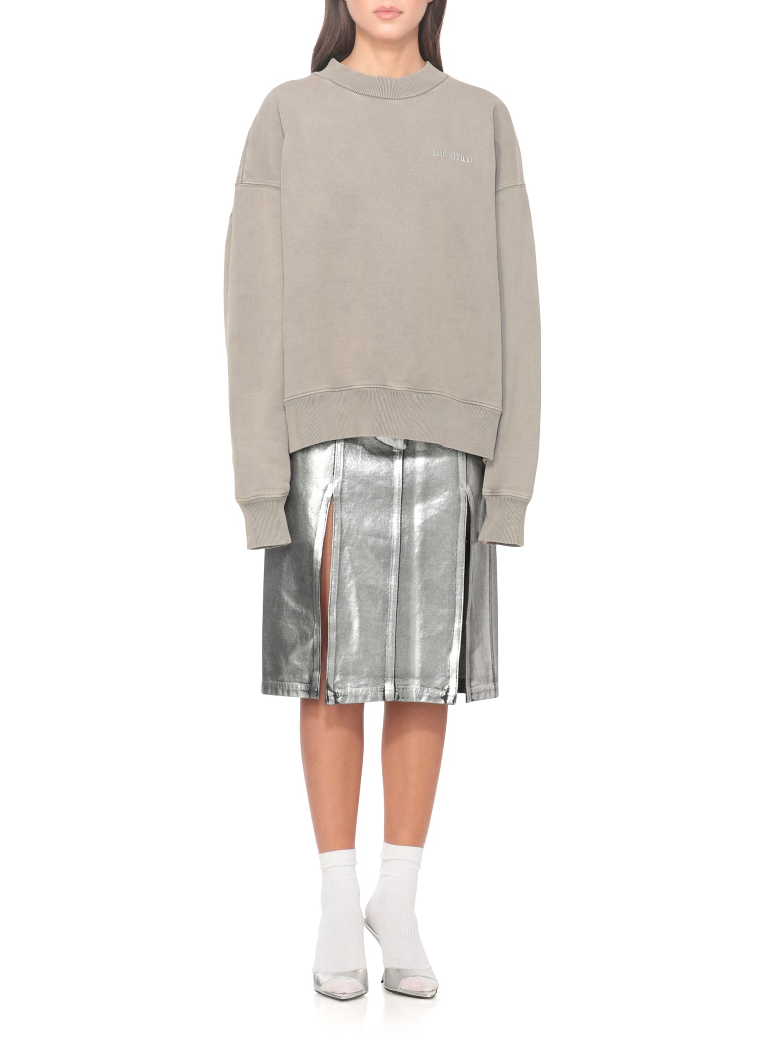 Attico Taupe Grey Cotton Sweatshirt With Front Relief Logo In Gray