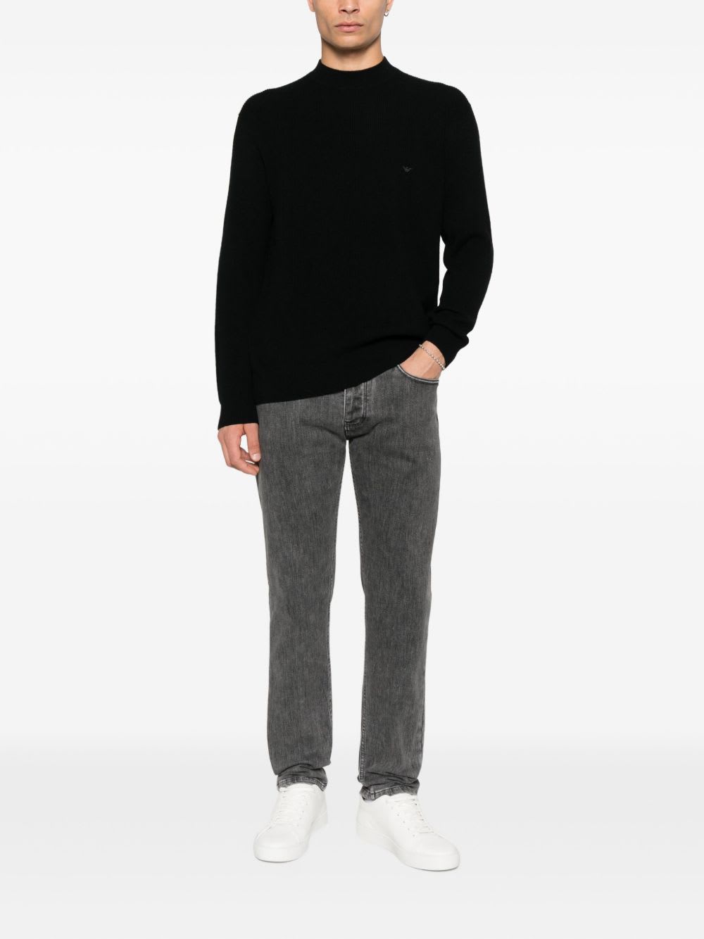 Emporio Armani Tonal Diamond Wool Sweater In Black
