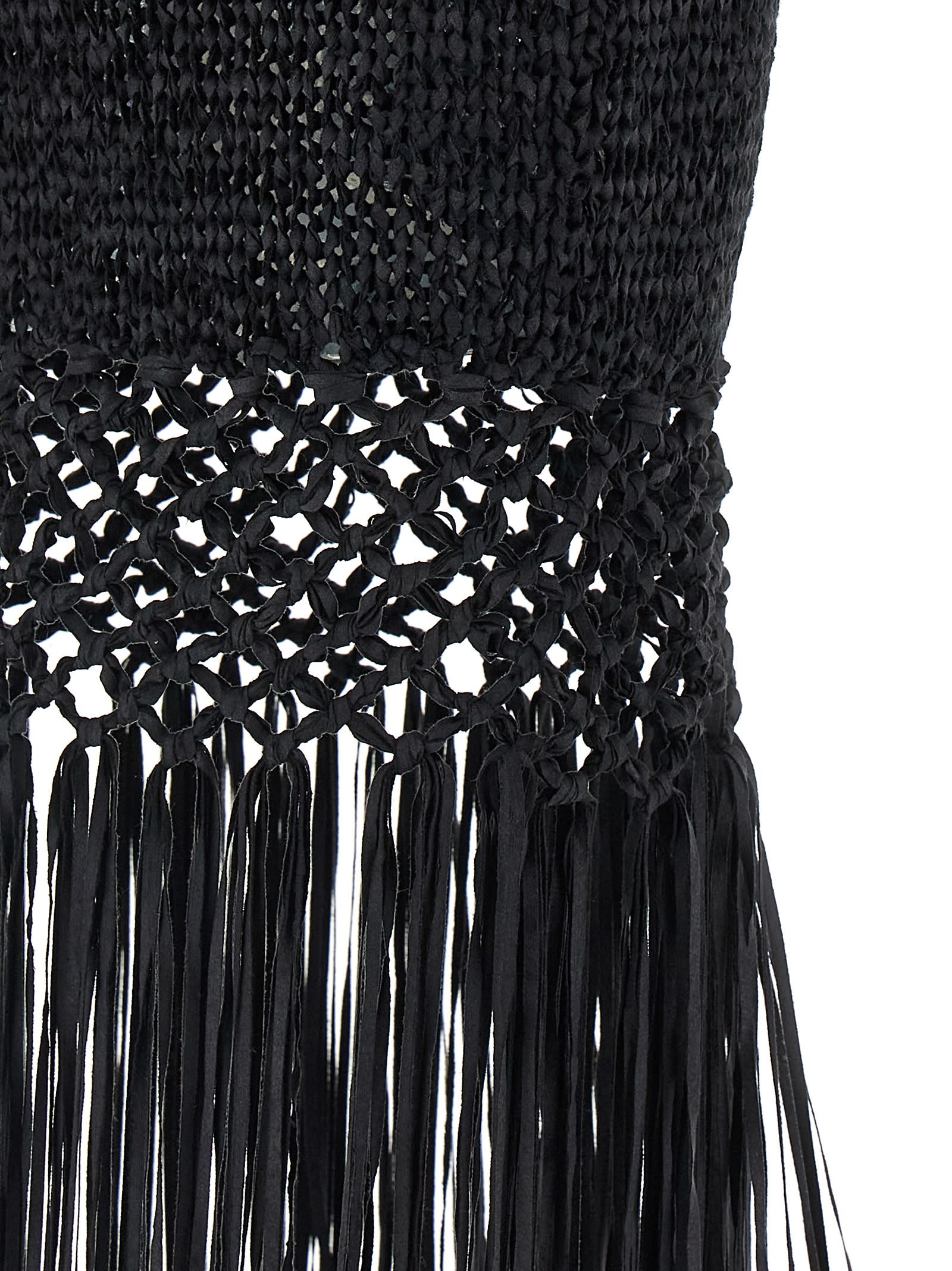 Philosophy Di Lorenzo Serafini Black Long Dress With U-neck And Long Fringes Applied To The Edges In Fabric Woman