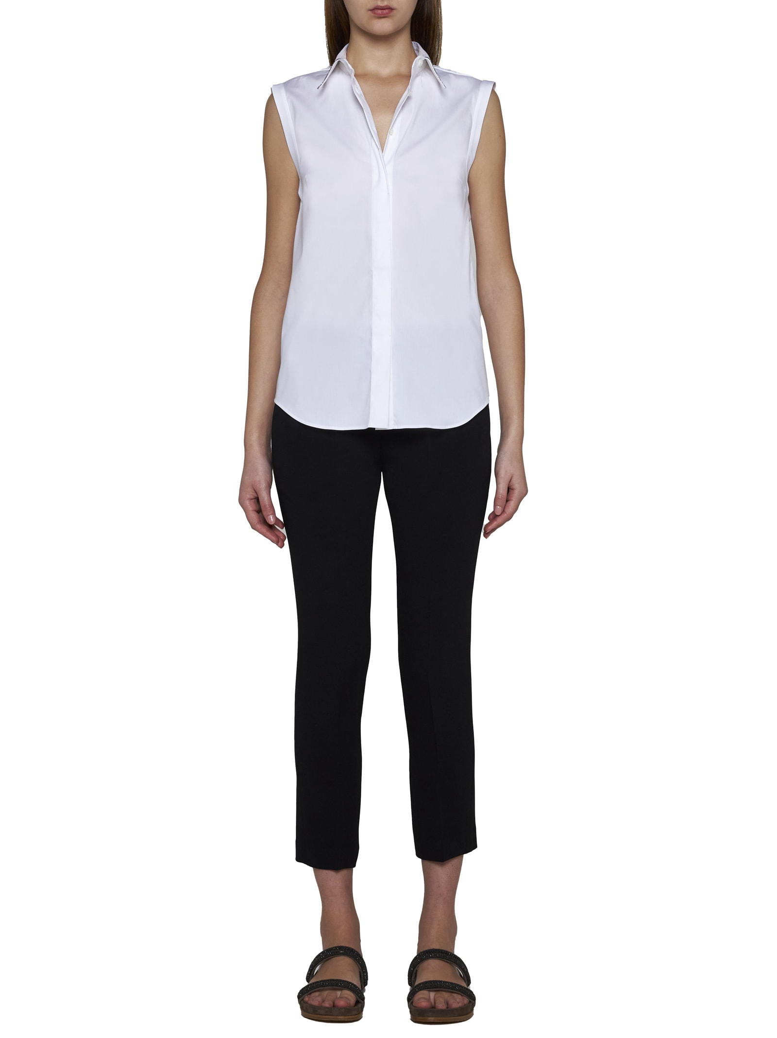 Brunello Cucinelli Cotton Poplin Button-front Shirt With Monili Collar In Bianco