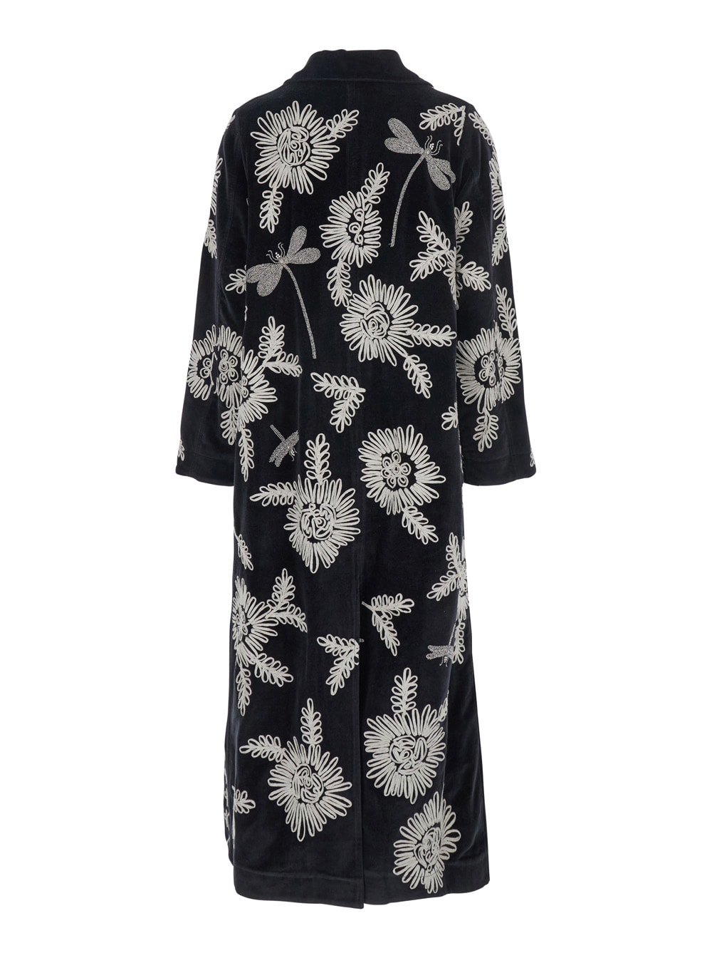 Forte Forte Long Coat With Floral Embroidery And Pockets In Black