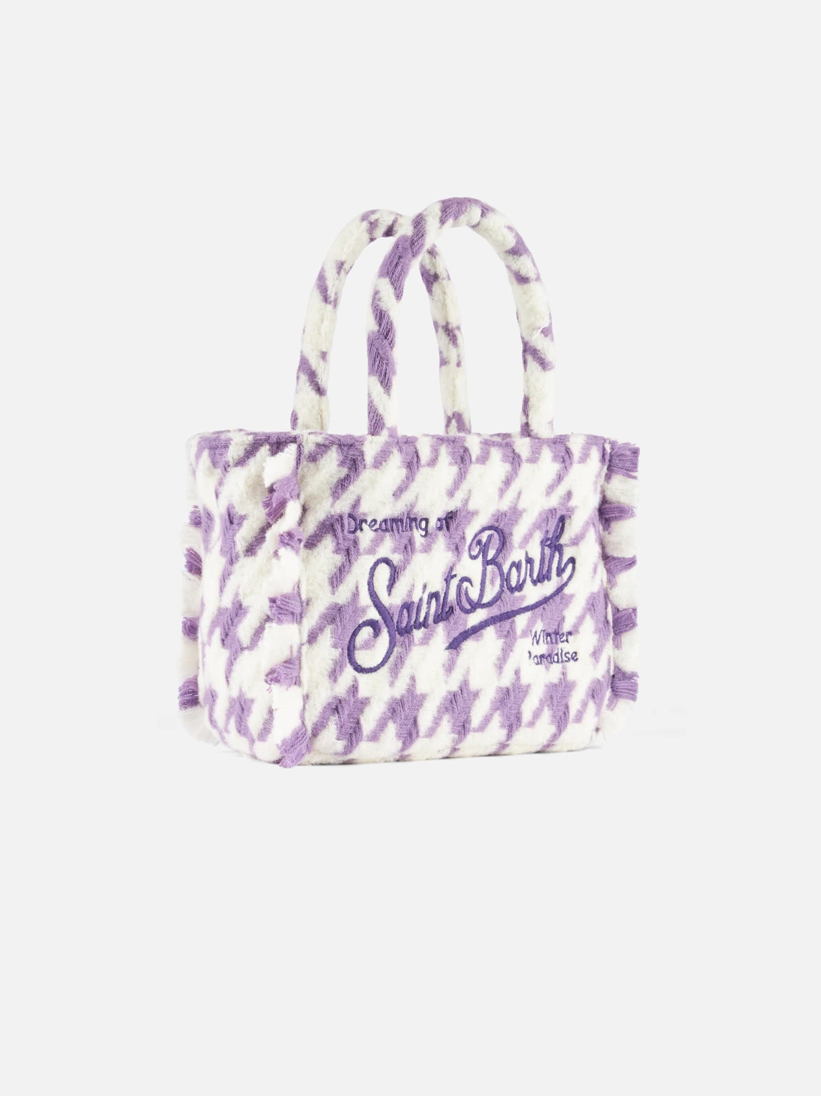 Mc2 Saint Barth Wooly Colette Fringed Handbag With Pied De Poule Pattern In Pink