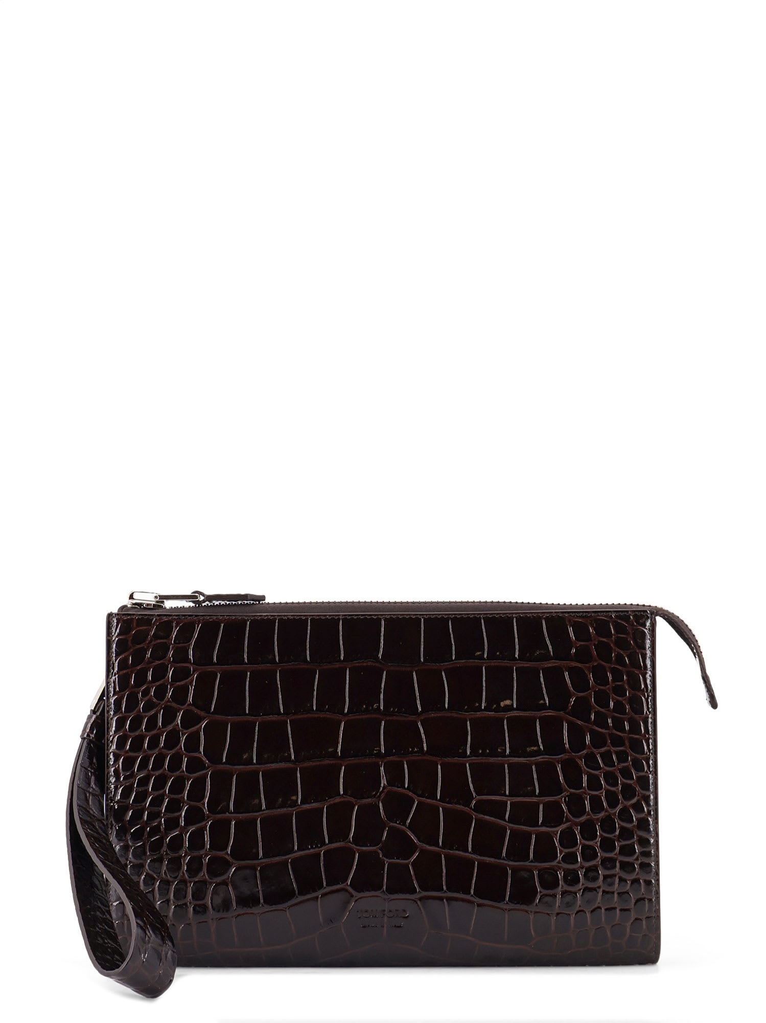 Tom Ford Leather Clutch Bag Featuring Crocodile Texture In Brown