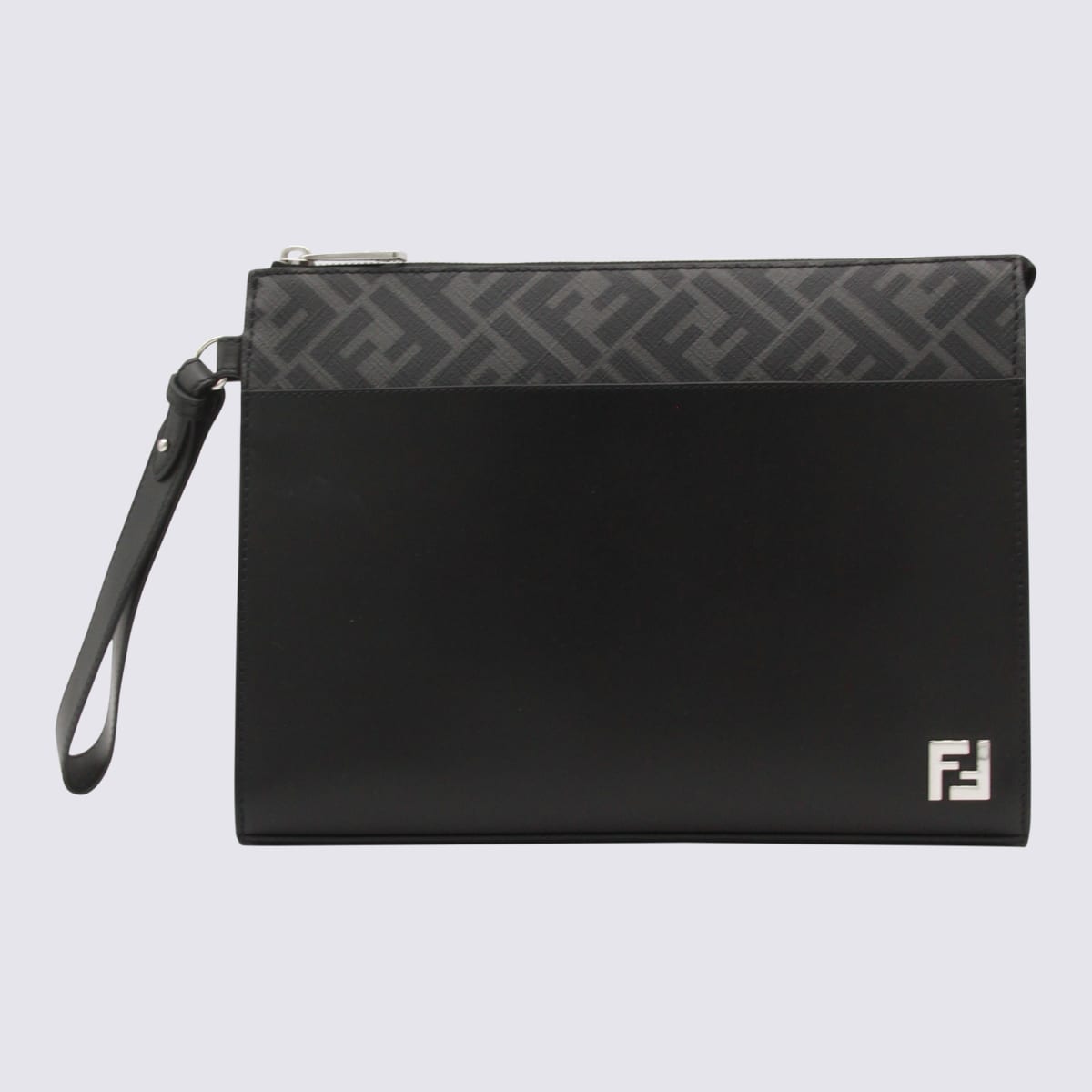Fendi Leather And Canvas Ff Squared Clutch Bags In Black