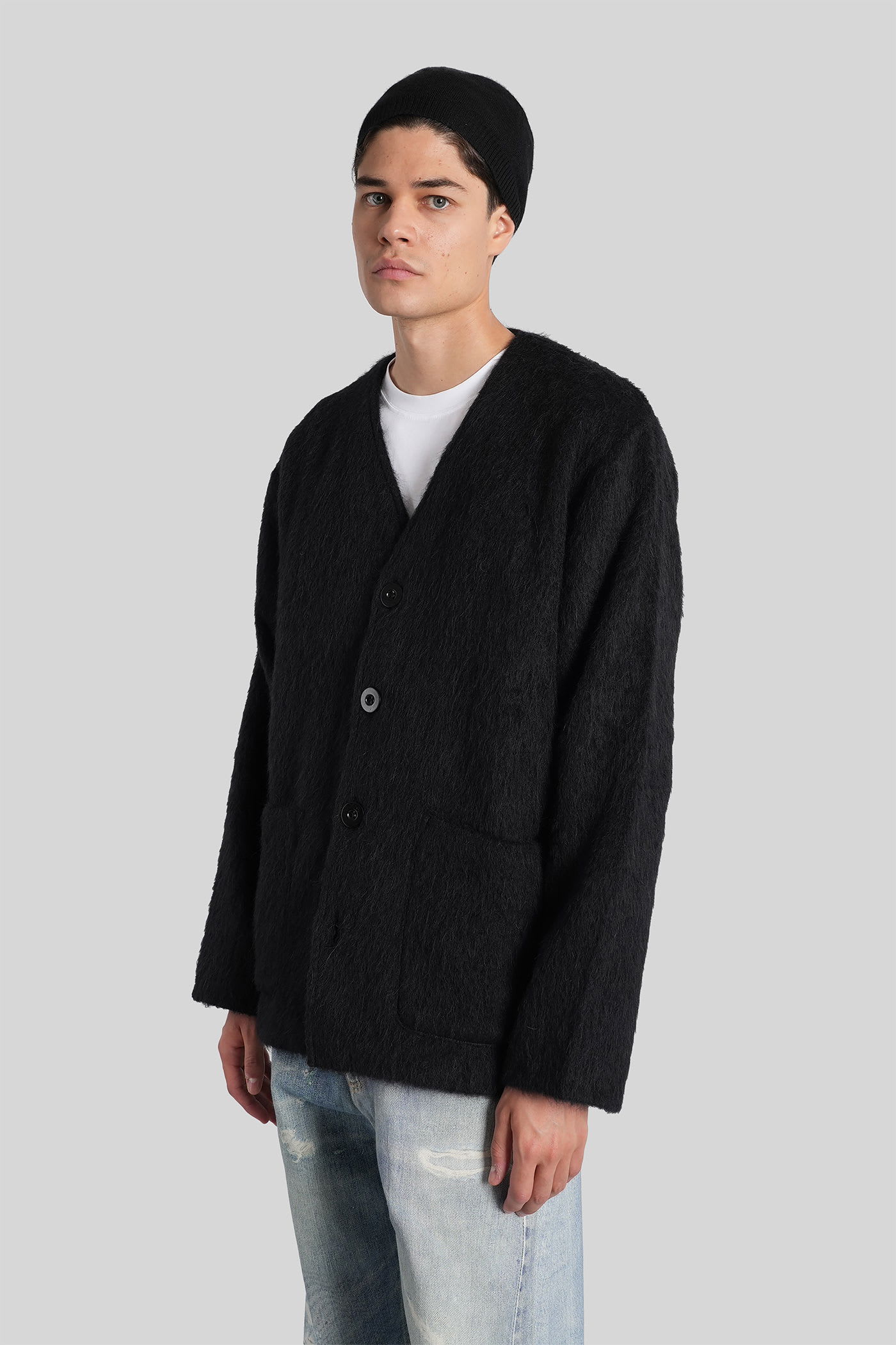 Our Legacy Textured V-neck Cardigan With Button-down Front In Black