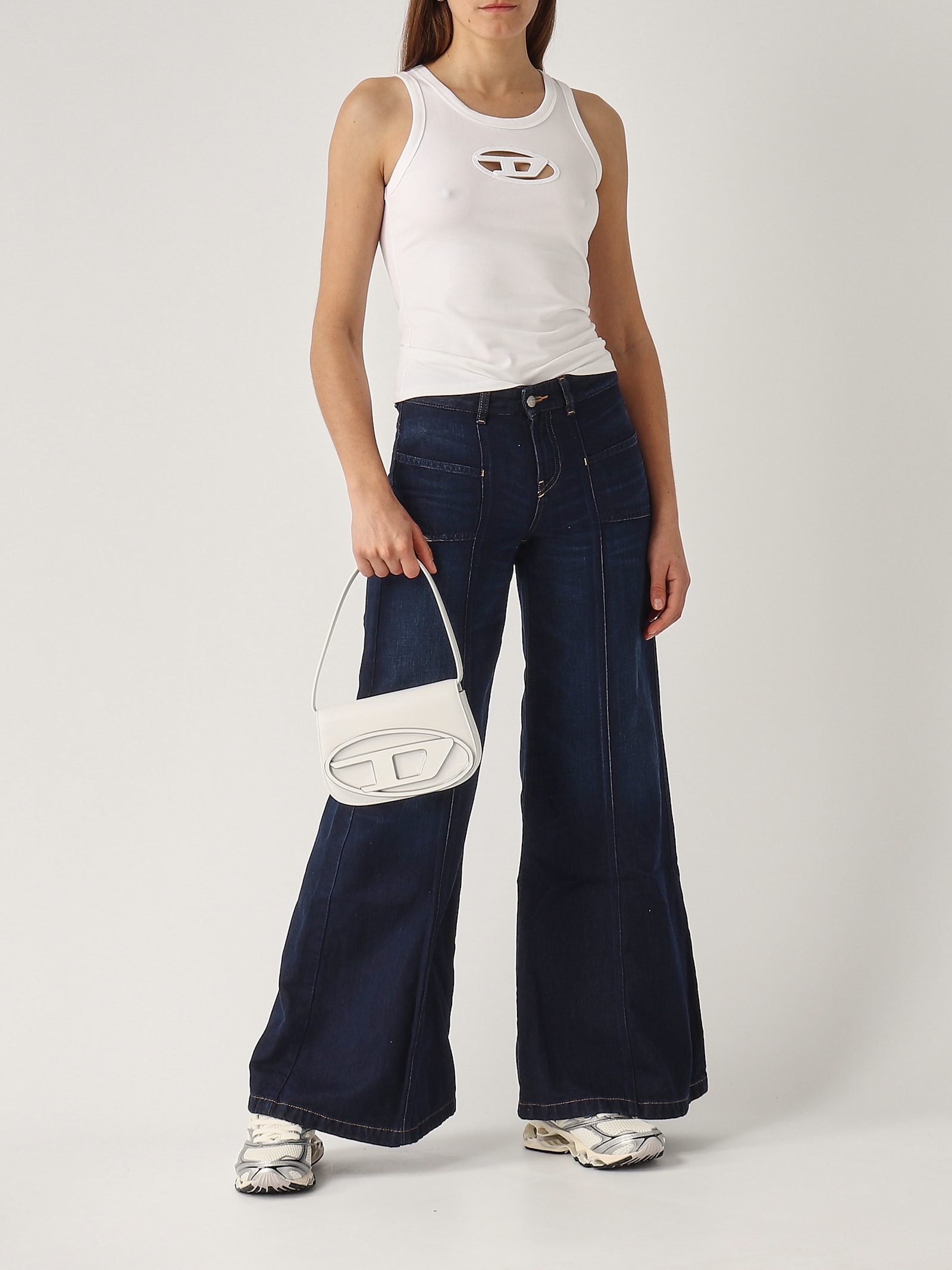 Diesel Logo-patch Wide Leg Jeans In Denim Scuro