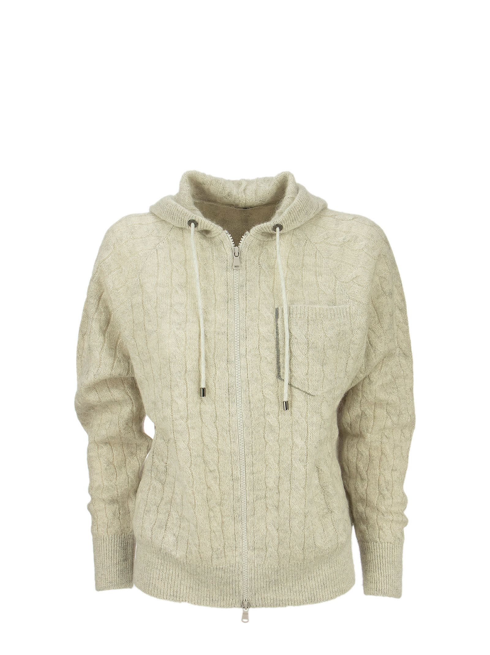 Brunello Cucinelli Sparkling Cable Cardigan In Mohair And Wool With Hood And shiny Shadow Pocket