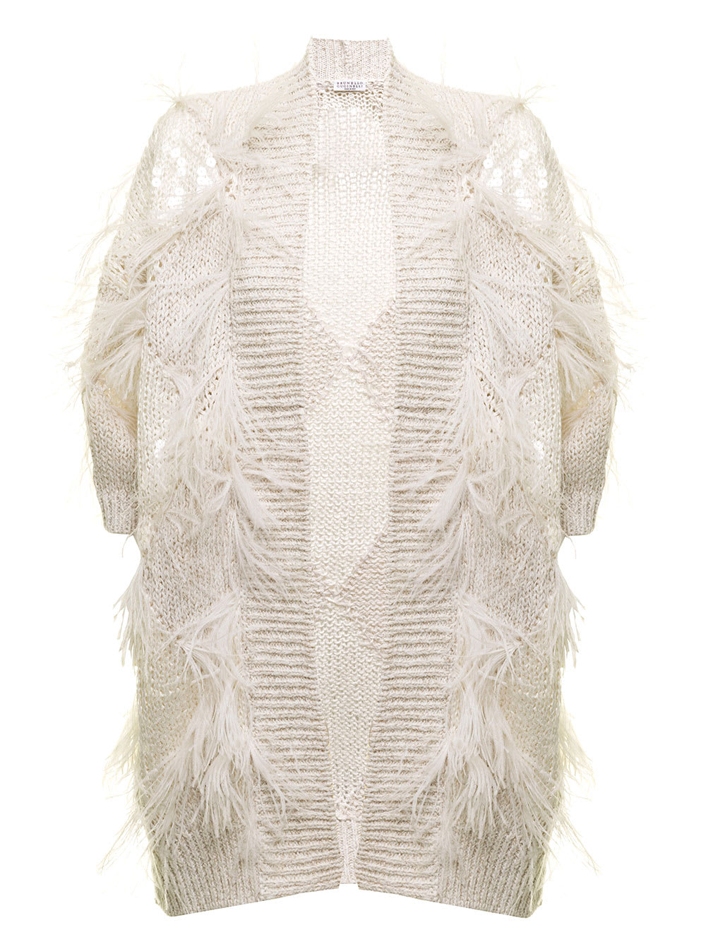 Brunello Cucinelli Womans Ivory-colored Cardigan With Sequins And Feathers