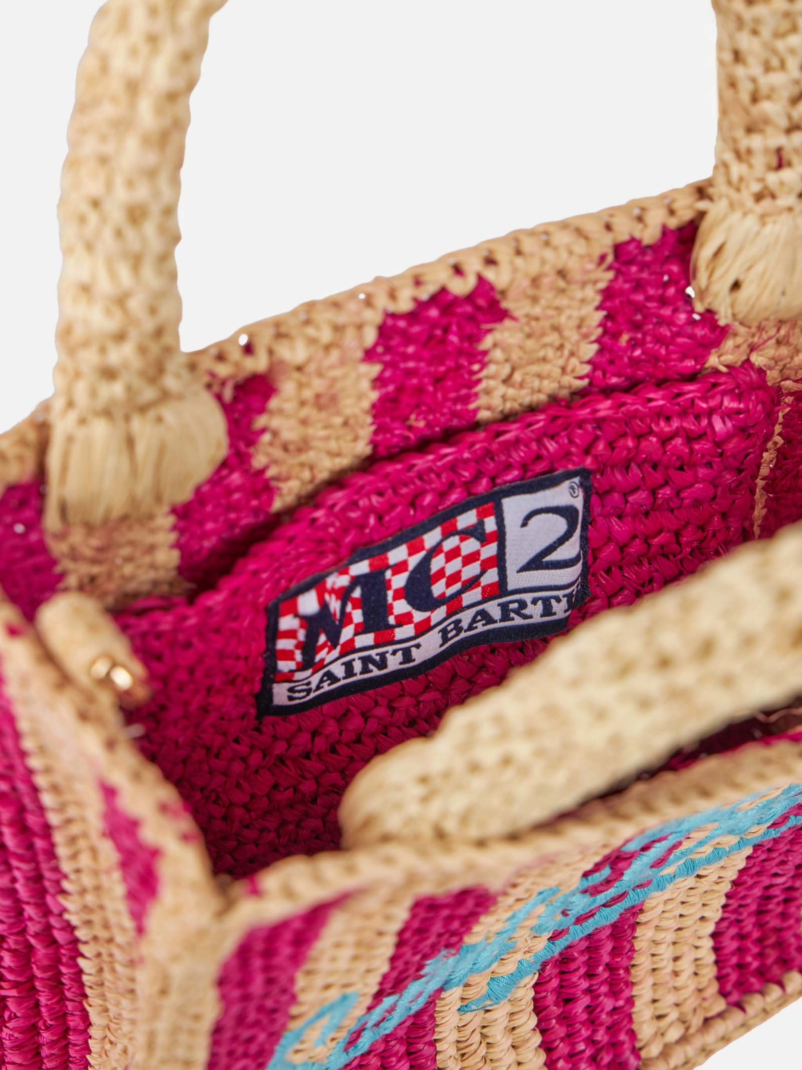 Shop Mc2 Saint Barth Fuchsia Striped Mini Vanity Raffia Bag With Embroidery In Fucsia