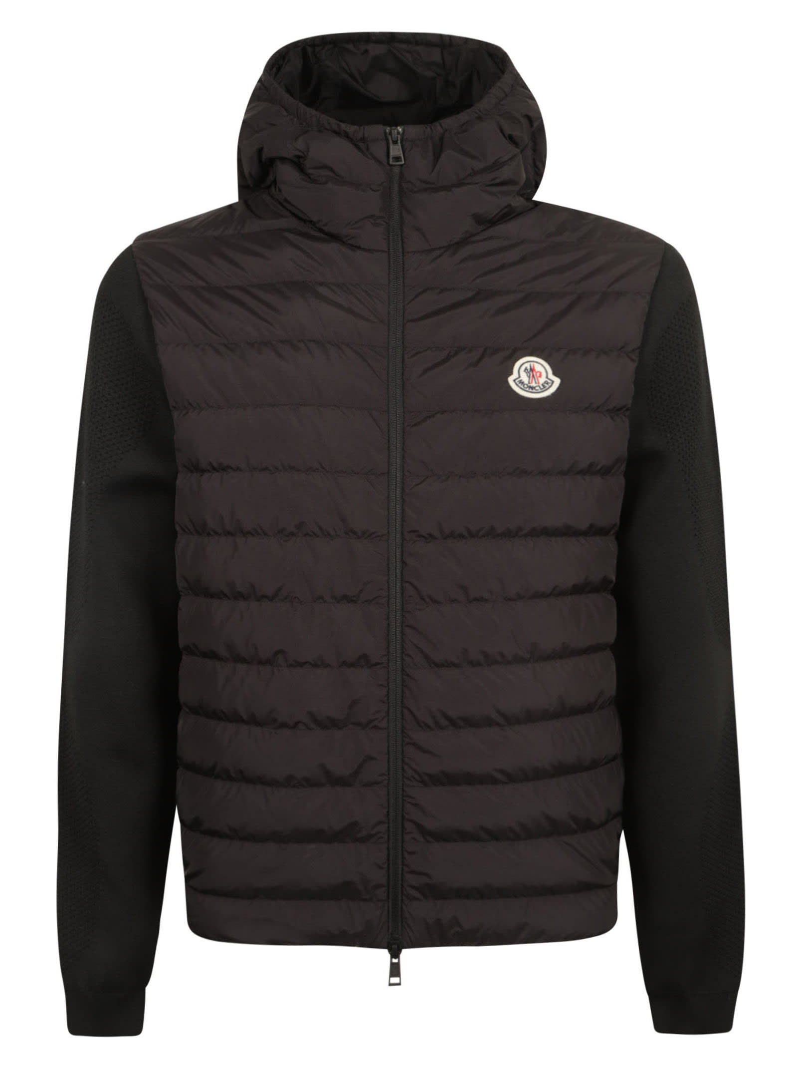 Moncler Logo Patched Knit Paneled Puffer Jacket In Black