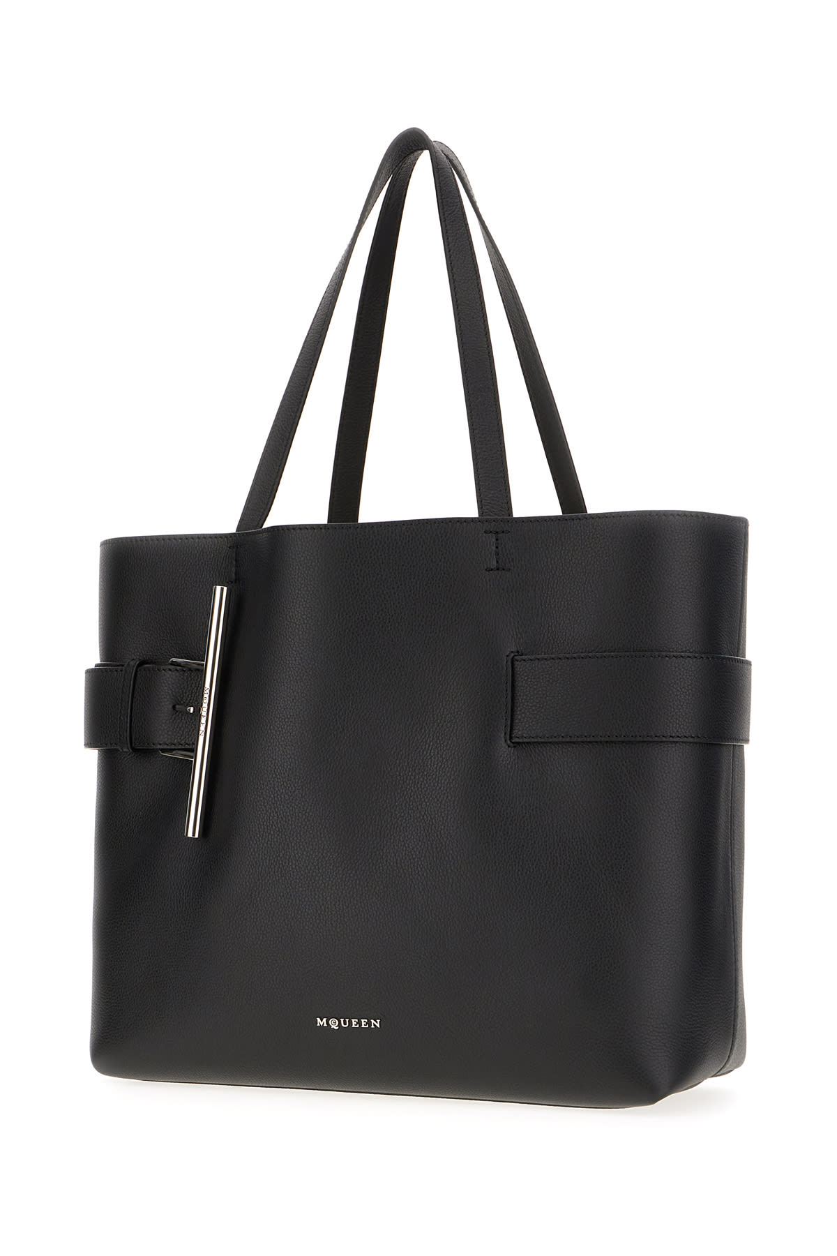 Alexander Mcqueen Black Leather Shopping Bag In Black Silver