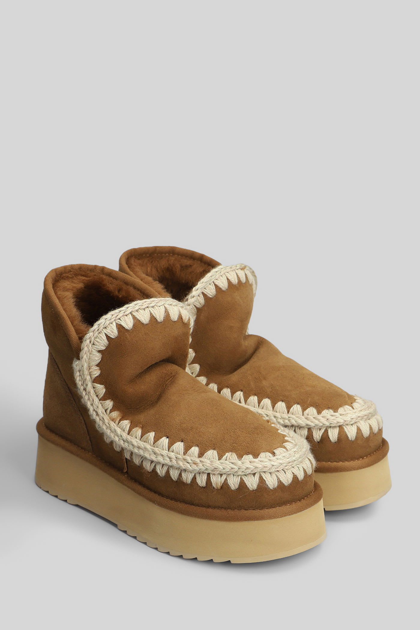Mou Mini Eskimo Beige Ankle Boots With Logo Patch On The Rear In Leather And Suede Woman In Brown