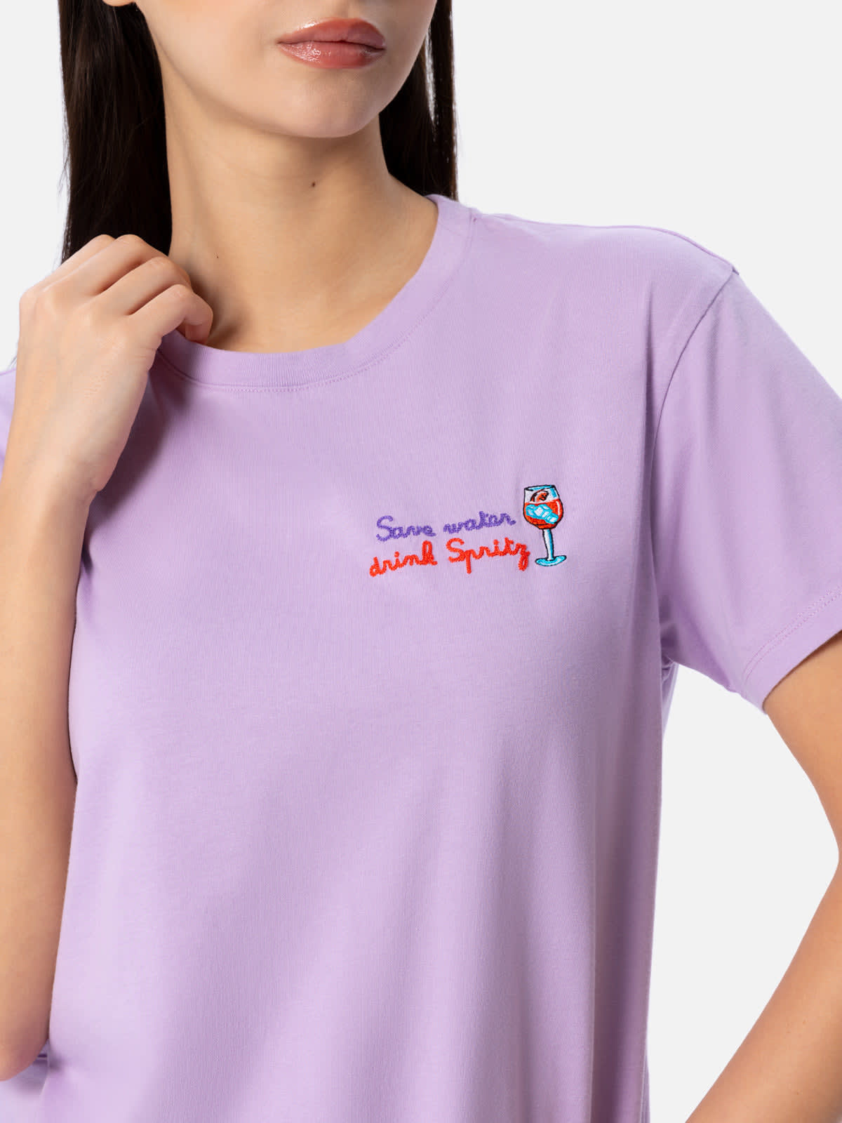Mc2 Saint Barth Woman Cotton Jersey Crewneck T-shirt Emilie With Save Water Drink Spritz Embroidery In Pink