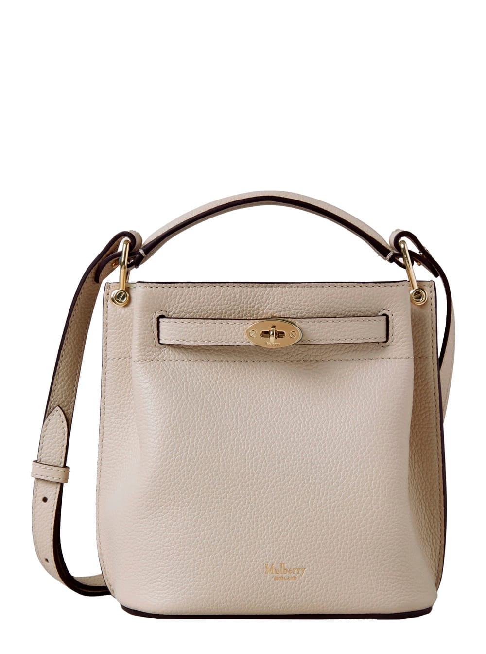 Mulberry islington Mini White Bucket Bag With Turn-lock Closure And Logo In Textured Leather Woman