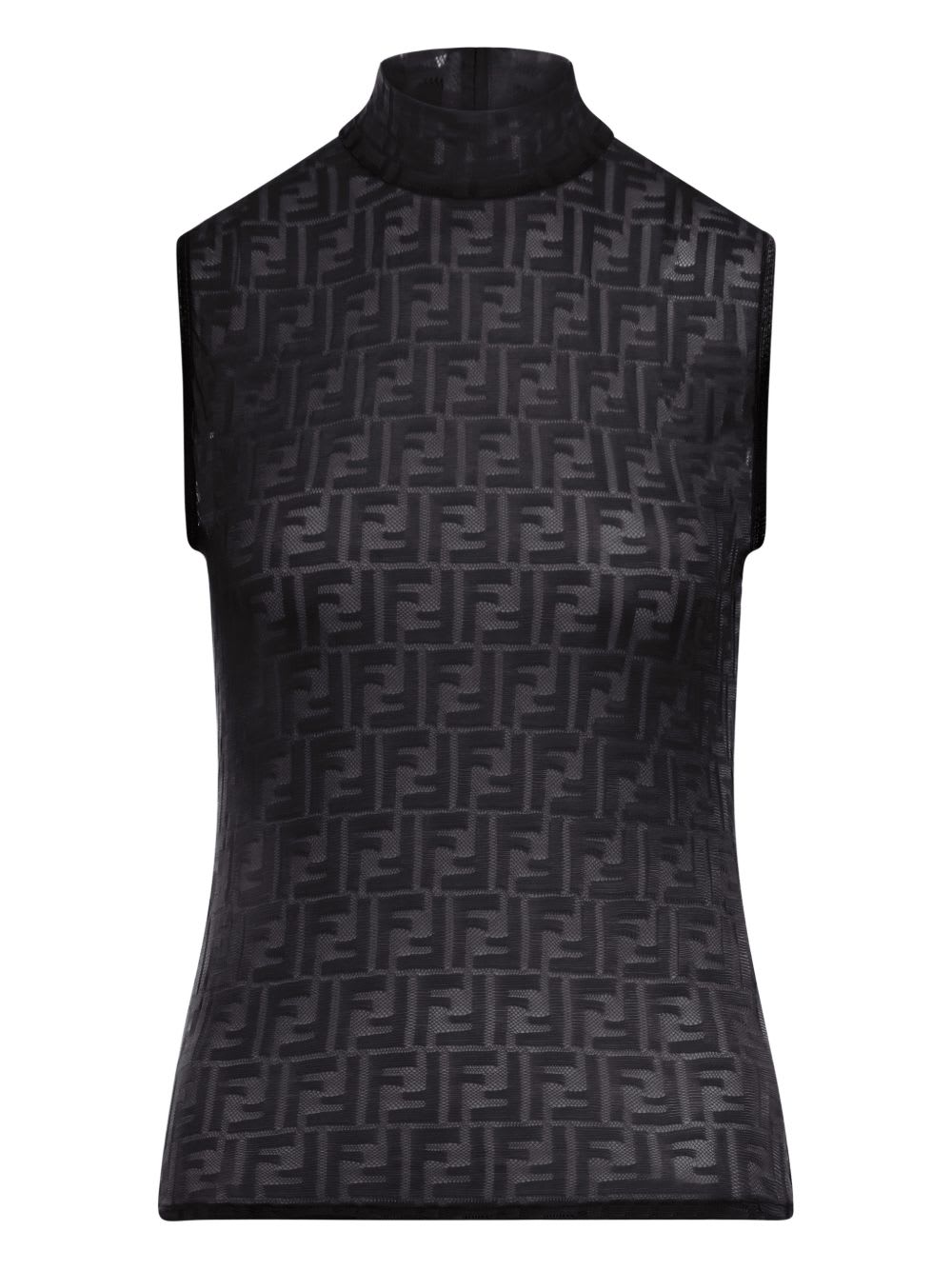 Fendi Women Black Crewneck Sleeveless Top With All-over Ff Motif And Rear Zip Closure In Tech Fabric