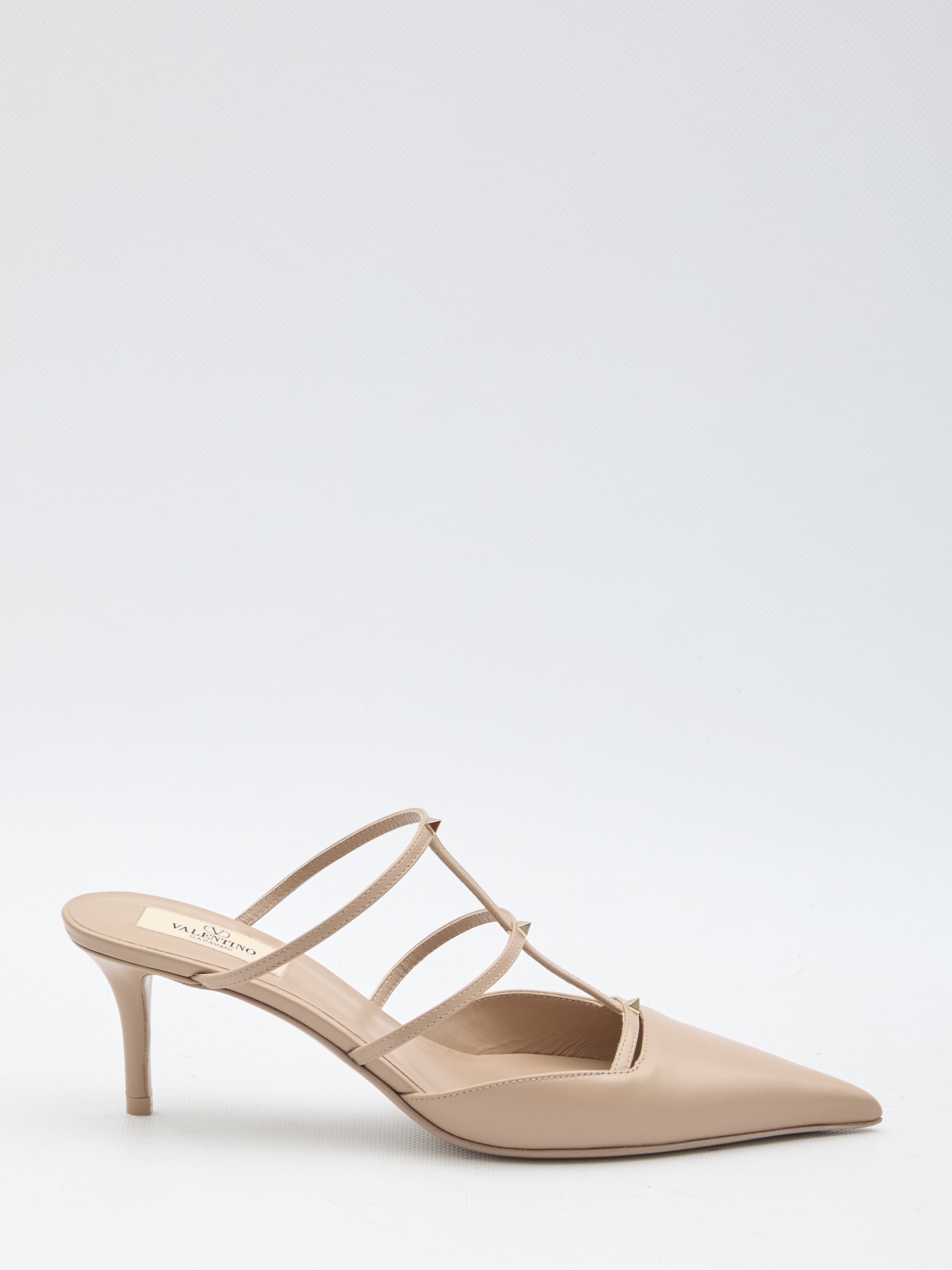 Shop Valentino Rockstud Wispy Mules In Beige