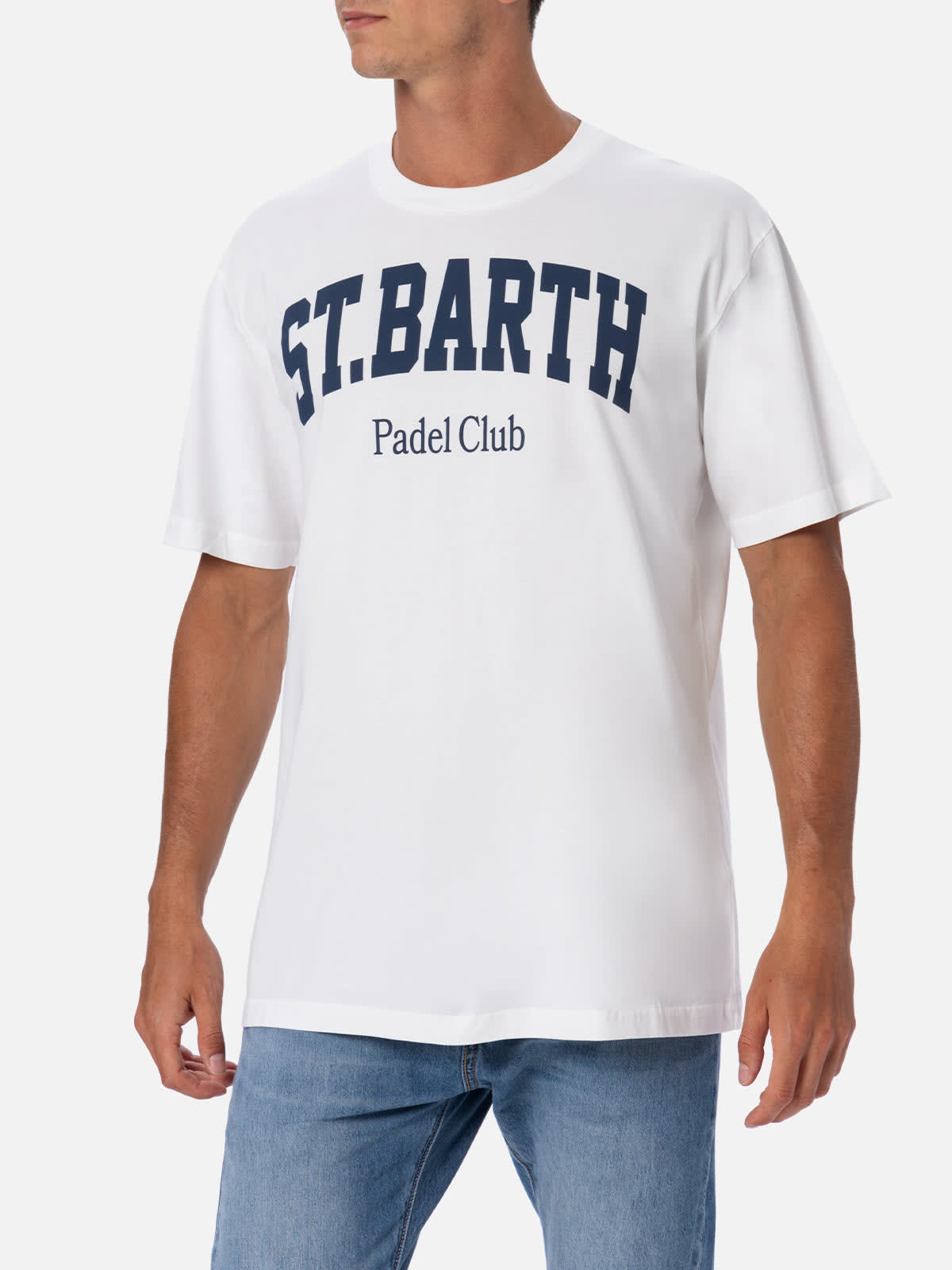 Mc2 Saint Barth Man Cotton T-shirt With St. Barth Padel Club Placed Print In White