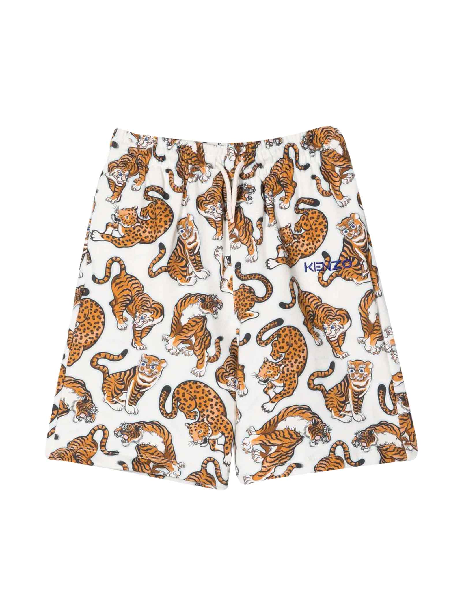 Kenzo Kids White Boy Shorts With Tiger Print, Front Logo Embroidery, Waist With Elasticated Drawstring, Back Welt Pocket And Above The Knee Height By