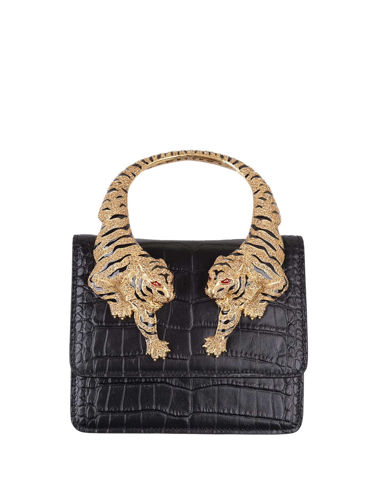 Roberto Cavalli Black Medium Roar Shoulder Bag With Jewelled Tigers In Black/gold