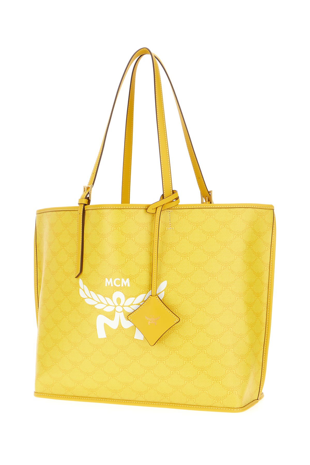 Shop Mcm Printed Canvas Shopping Bag In Lemon Gold