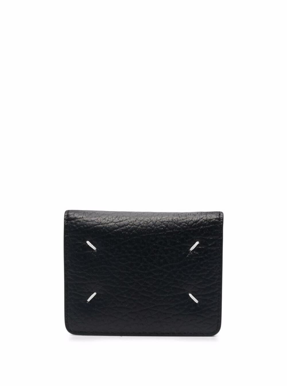 Maison Margiela Black Bifold Wallet With Stitching Detail And Key Ring In Grained Leather Woman