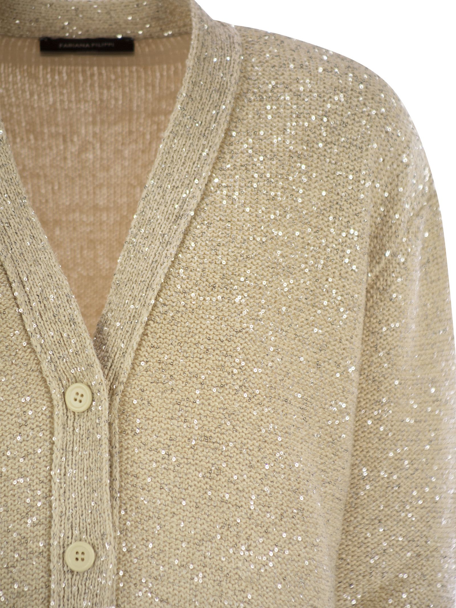 Shop Fabiana Filippi Cotton Knit Cardigan With Sequins In Vanilla