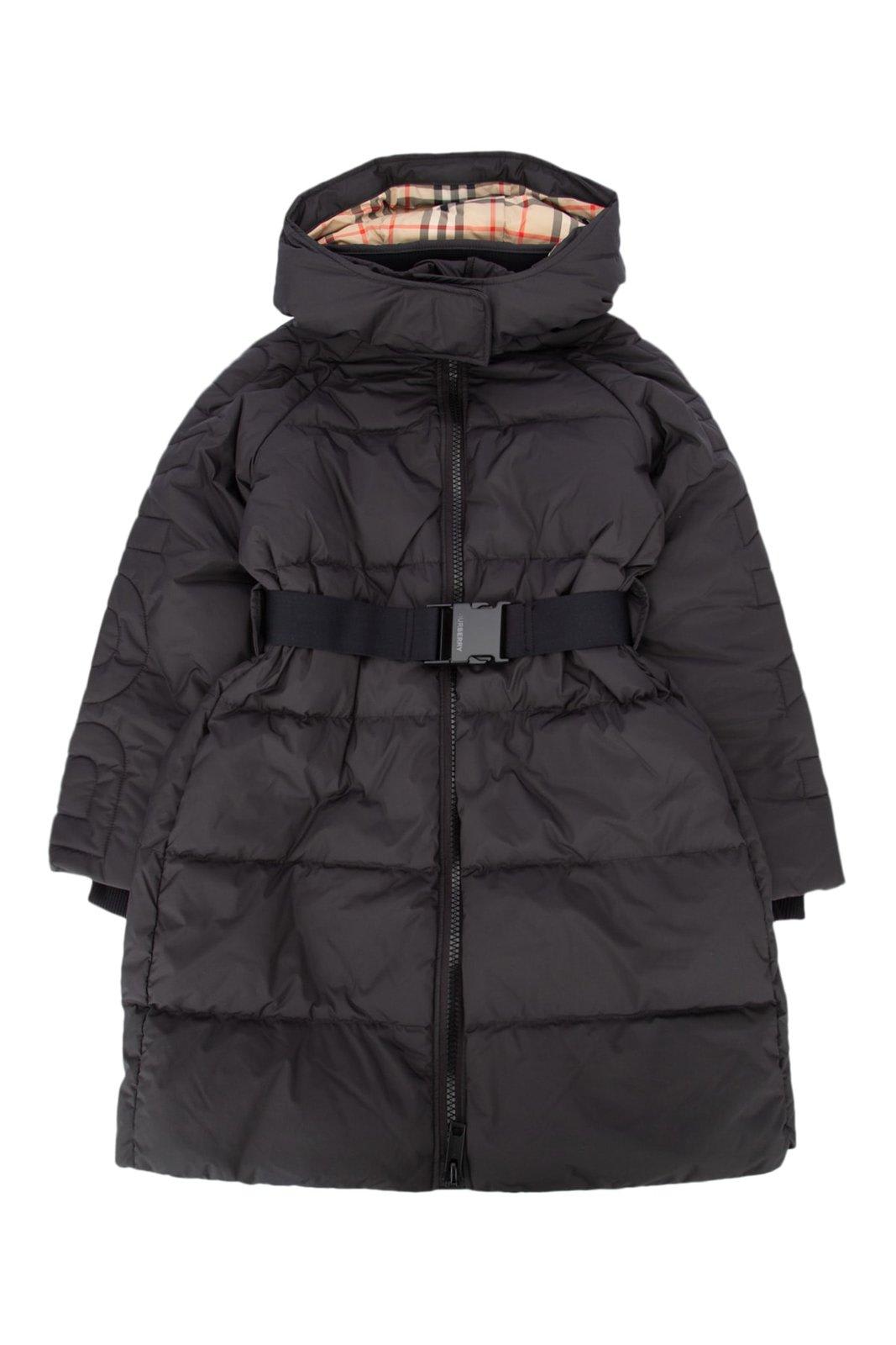 Shop Burberry Belted Quilted Hooded Padded Coat In Black