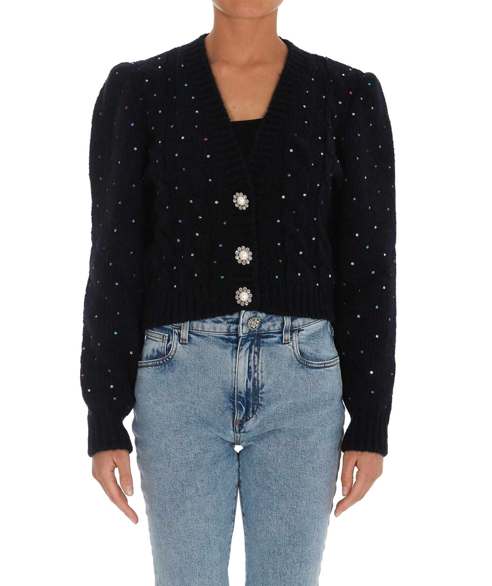 ALESSANDRA RICH WOOL BLEND CROPPED CARDIGAN WITH HOT FIXED CRYSTALS,11818911