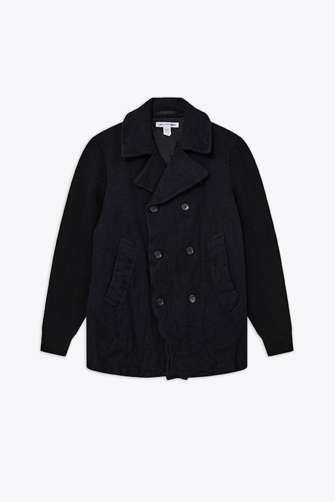 Mens Coat Woven Navy blue felted wool double-breasted short coat with ribbed knit sleeves