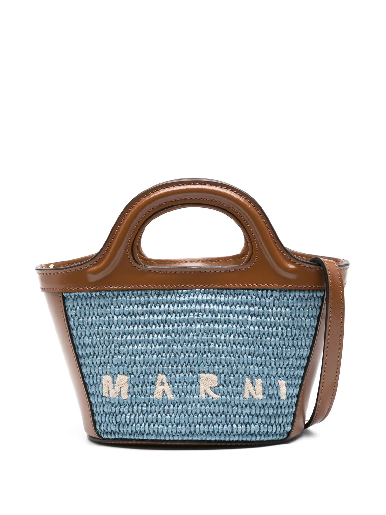 Marni Micro Tropicalia Summer Bag In Brown Leather And Light Blue Raffia