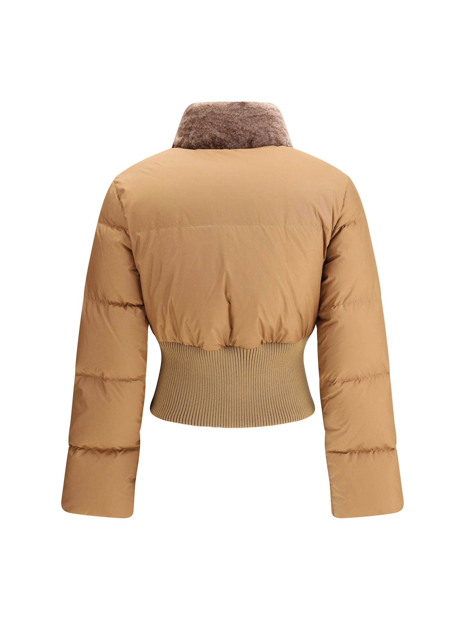 Fendi Cropped Down Jacket With Shearling Lining In Brown