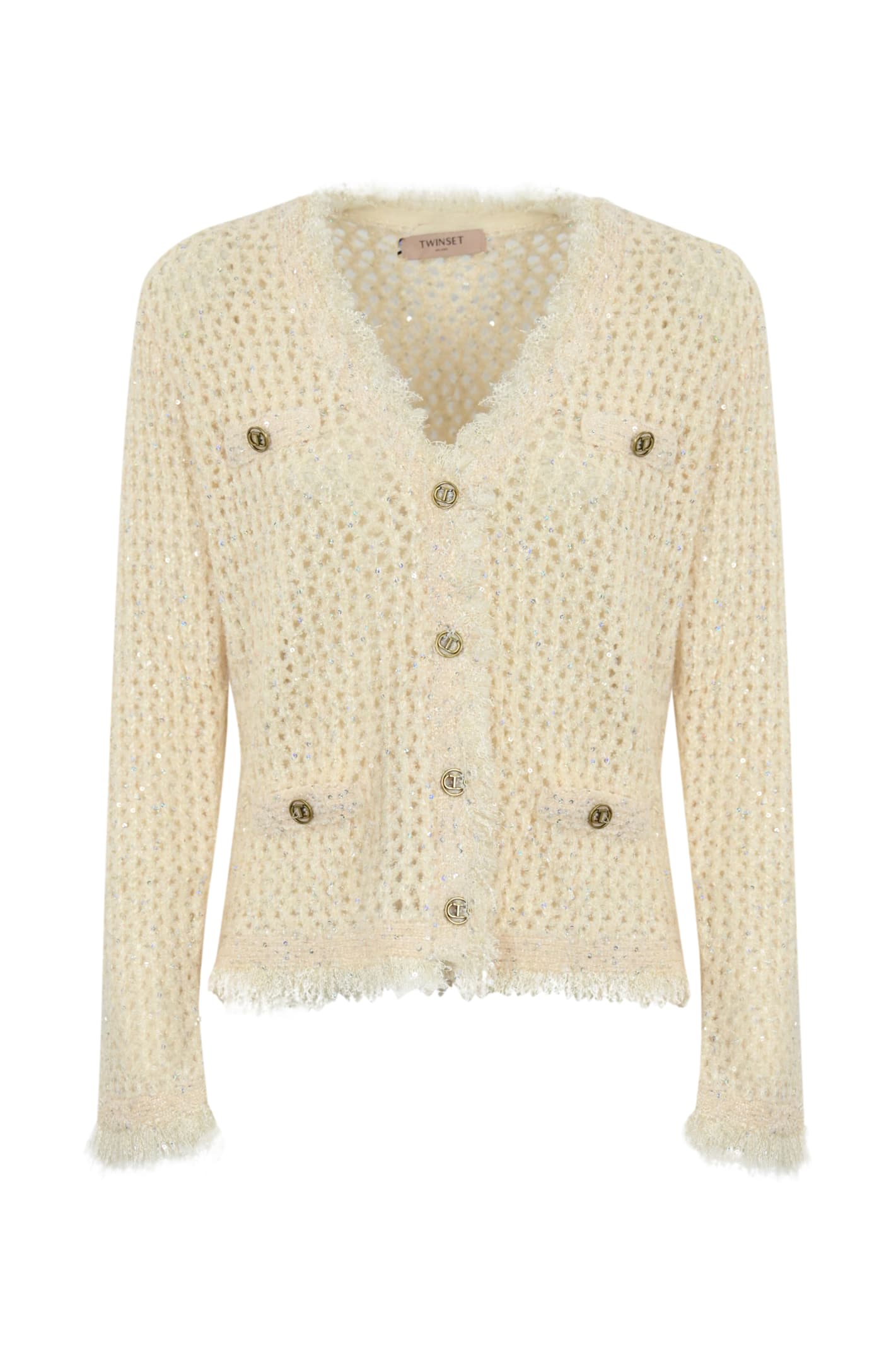 Shop Twinset Mesh Jacquard Knit Jacket In Old White