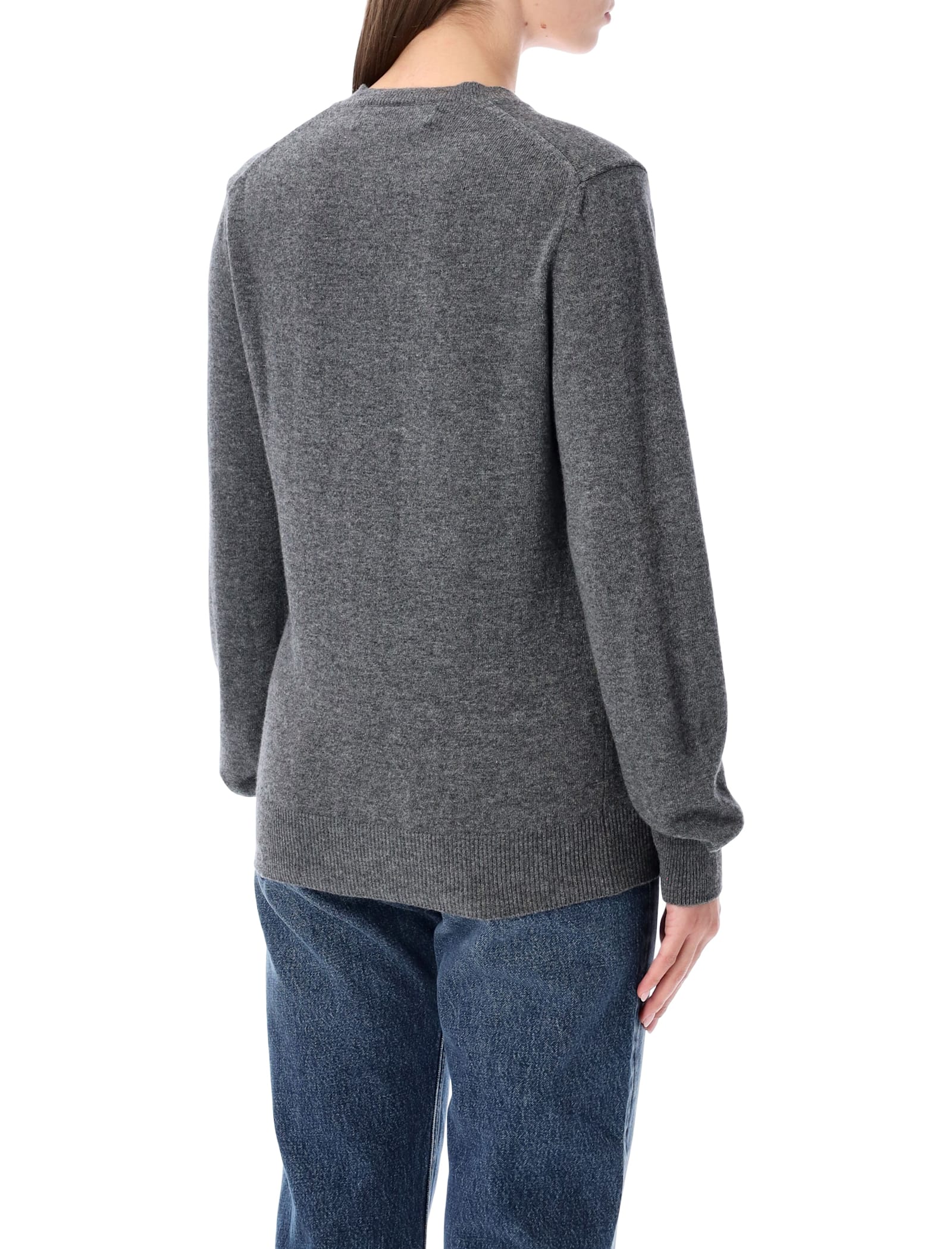 Comme Des Garçons Play Wool V-neck Sweater With Red Heart And Crystals In Gray