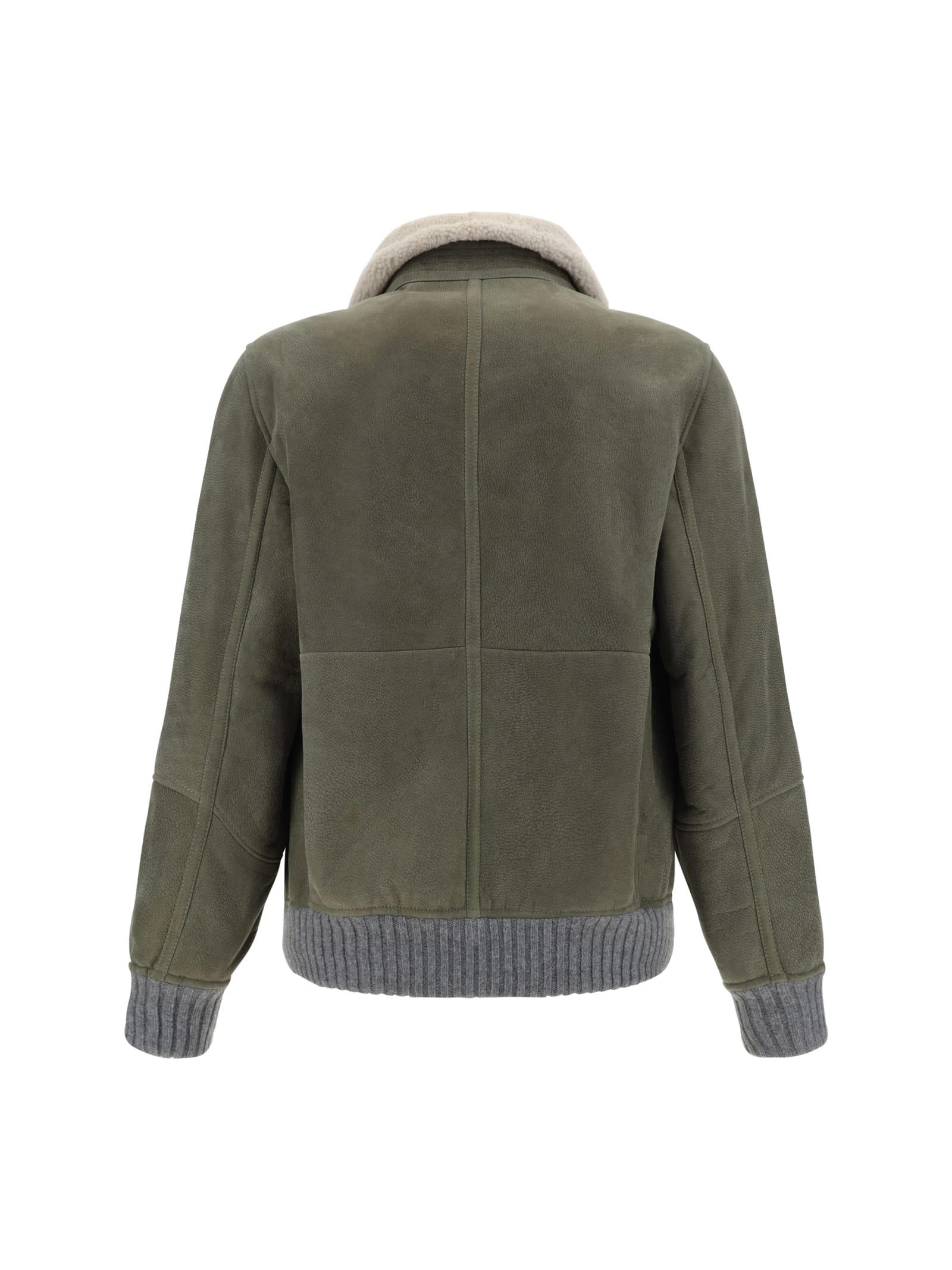 Shop Brunello Cucinelli Leather Jacket In Green/neutrals