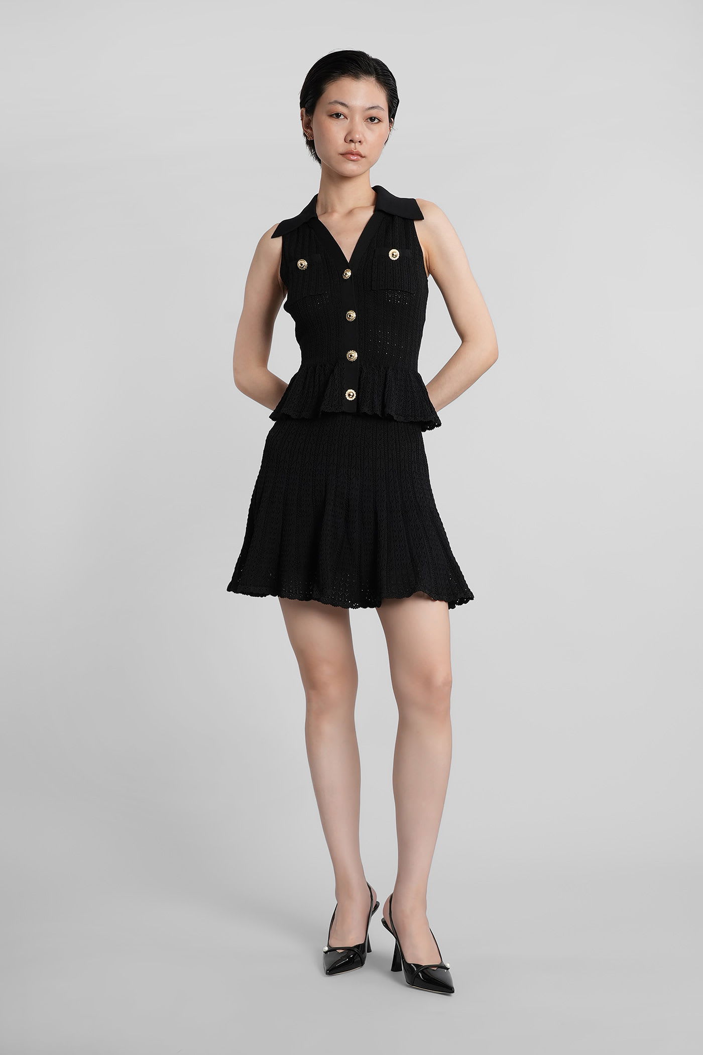 Self-portrait Self Portrait Short Dress In Openwork Knit With Jewel Buttons In Black
