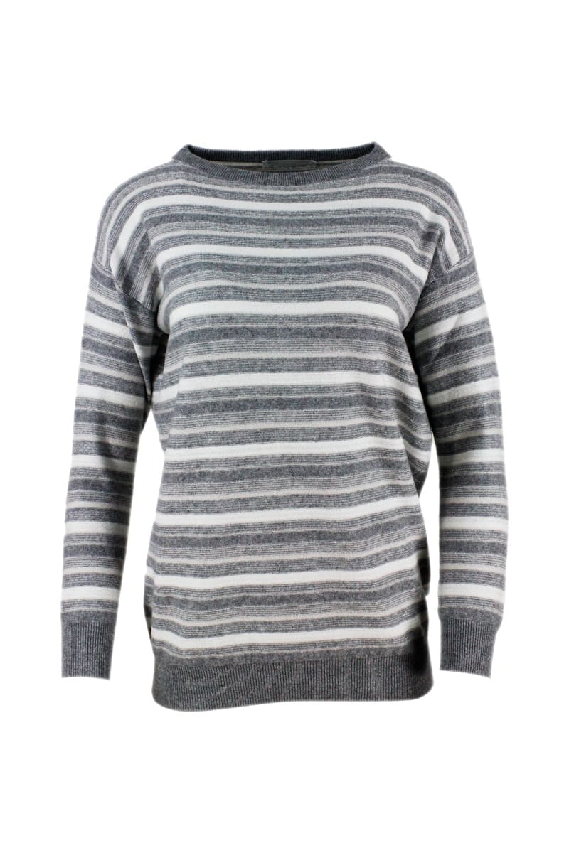 Fabiana Filippi Long-sleeved Crew-neck Striped Sweater With Lurex In Cashmere Wool And Silk