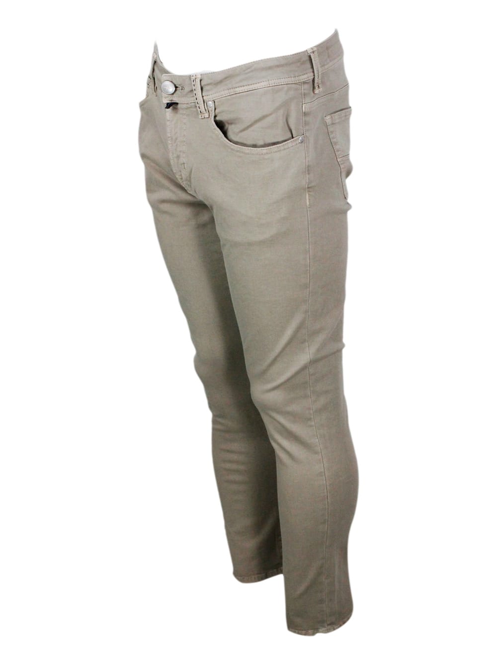 Shop Sartoria Tramarossa Leonardo Slim Zip Trousers In Soft Cotton With 5 Pockets With Tailored Stitching And Suede Tab. Zip  In Sand Beige