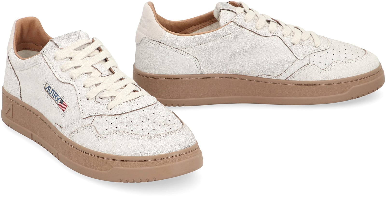 Autry White And Tobacco Brown Scraped Effect Suede Medalist Low Sneakers In Neutral