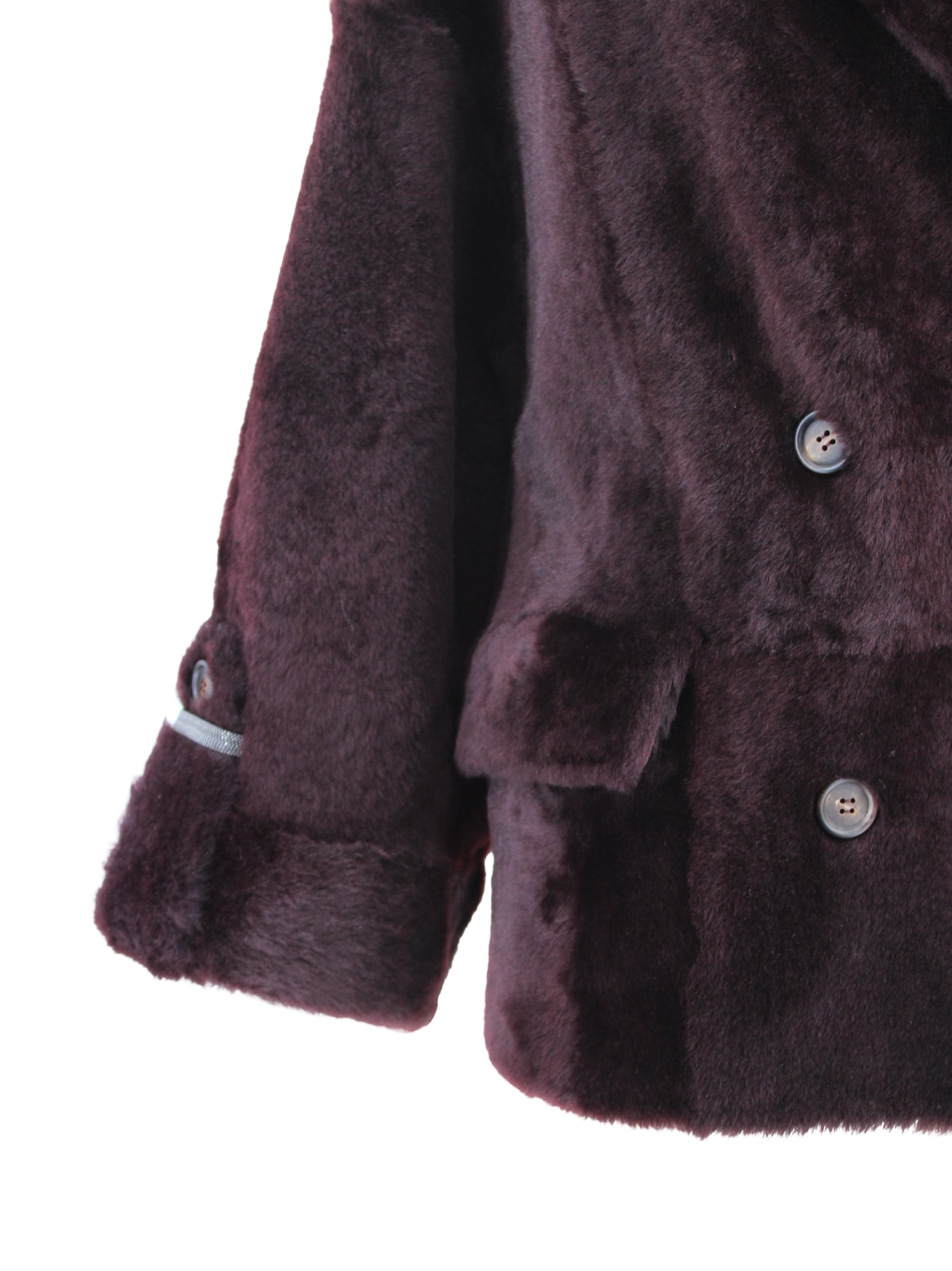 Brunello Cucinelli Reversible Shearling Outerwear With Shiny Cuff Details. In Burgundy
