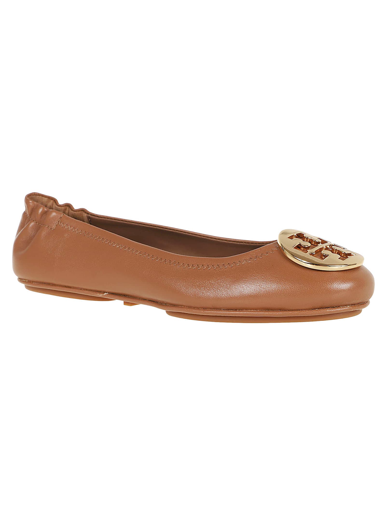 Shop Tory Burch Minnie Travel Ballet With Metal Logo In Royal Tan Gold