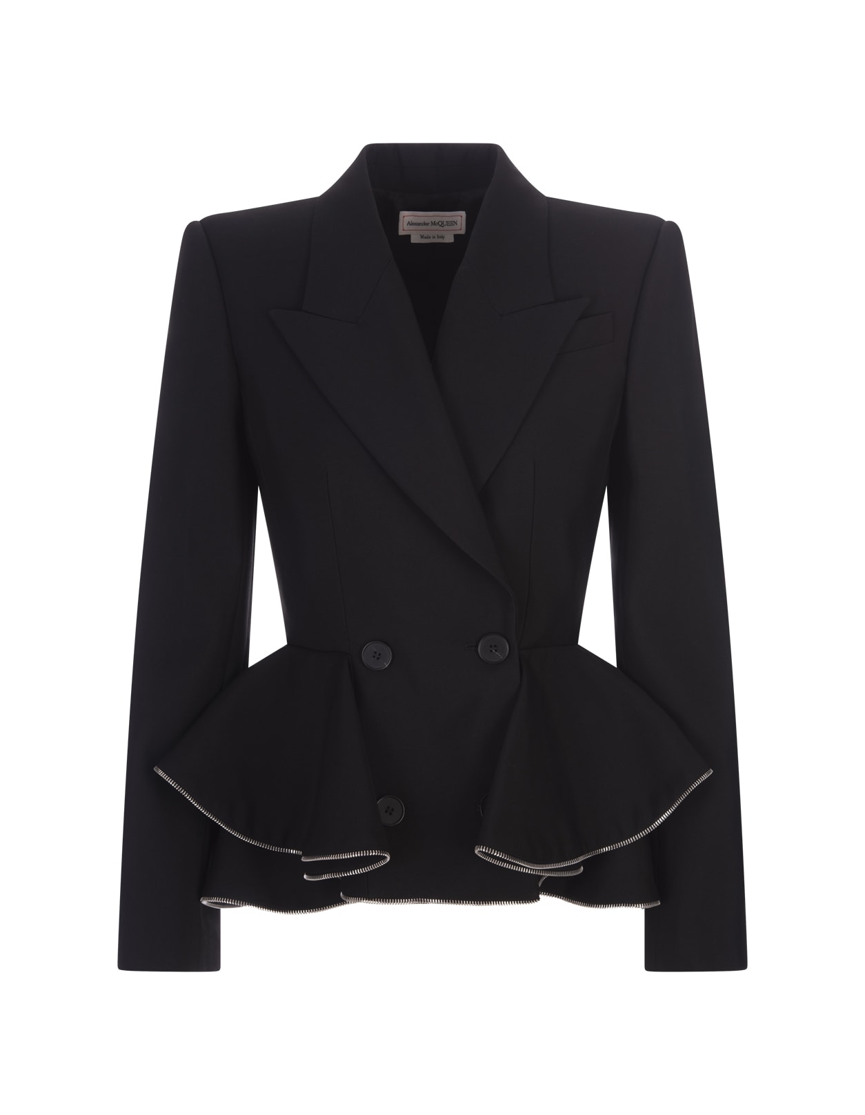 ALEXANDER MCQUEEN BLACK DOUBLE-BREASTED JACKET WITH RUFFLES AND ZIP