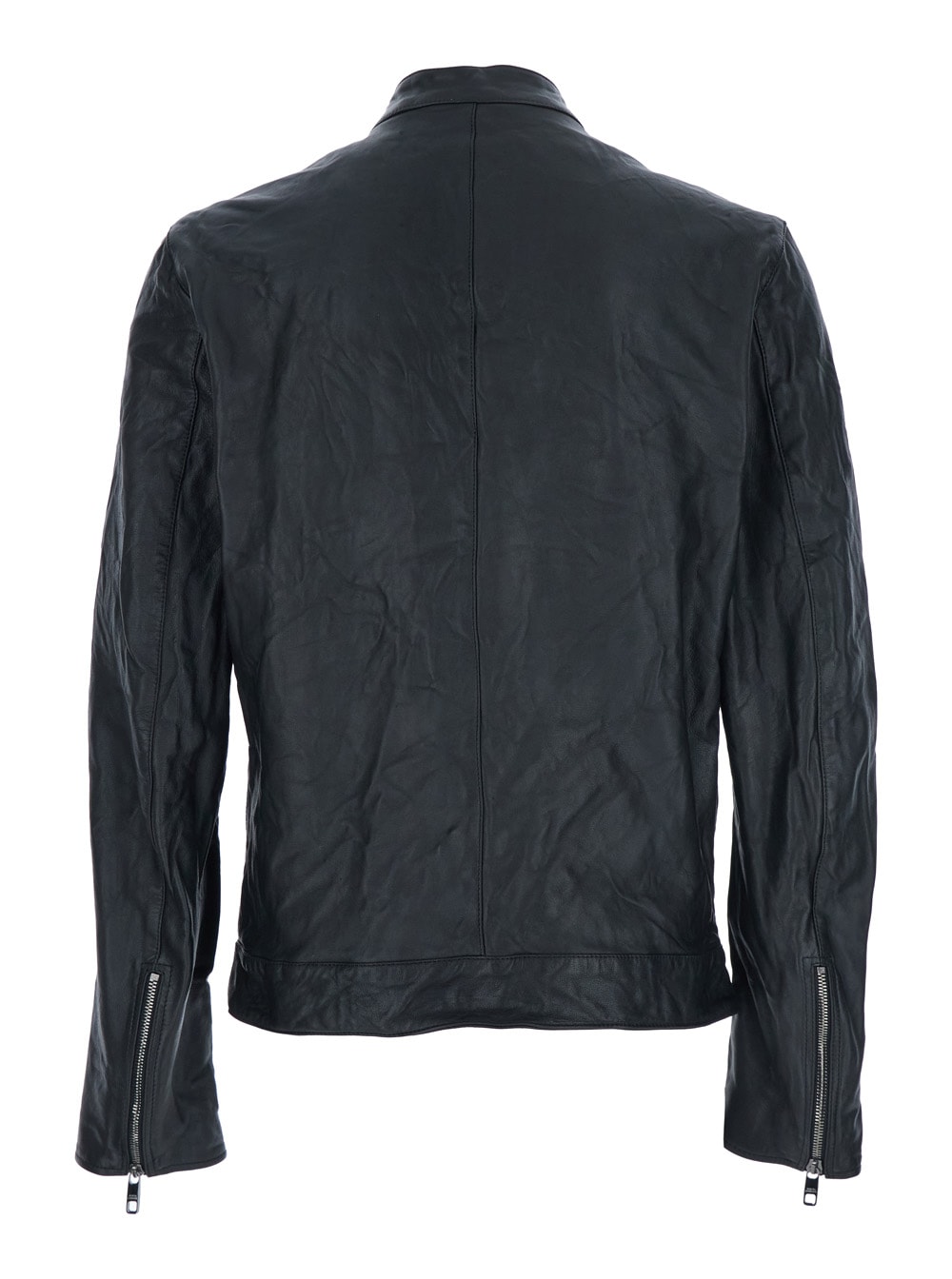 Dolce & Gabbana Black Crewneck Jacket With Two Front Welt Pockets With Zip In Leather Man In Blue