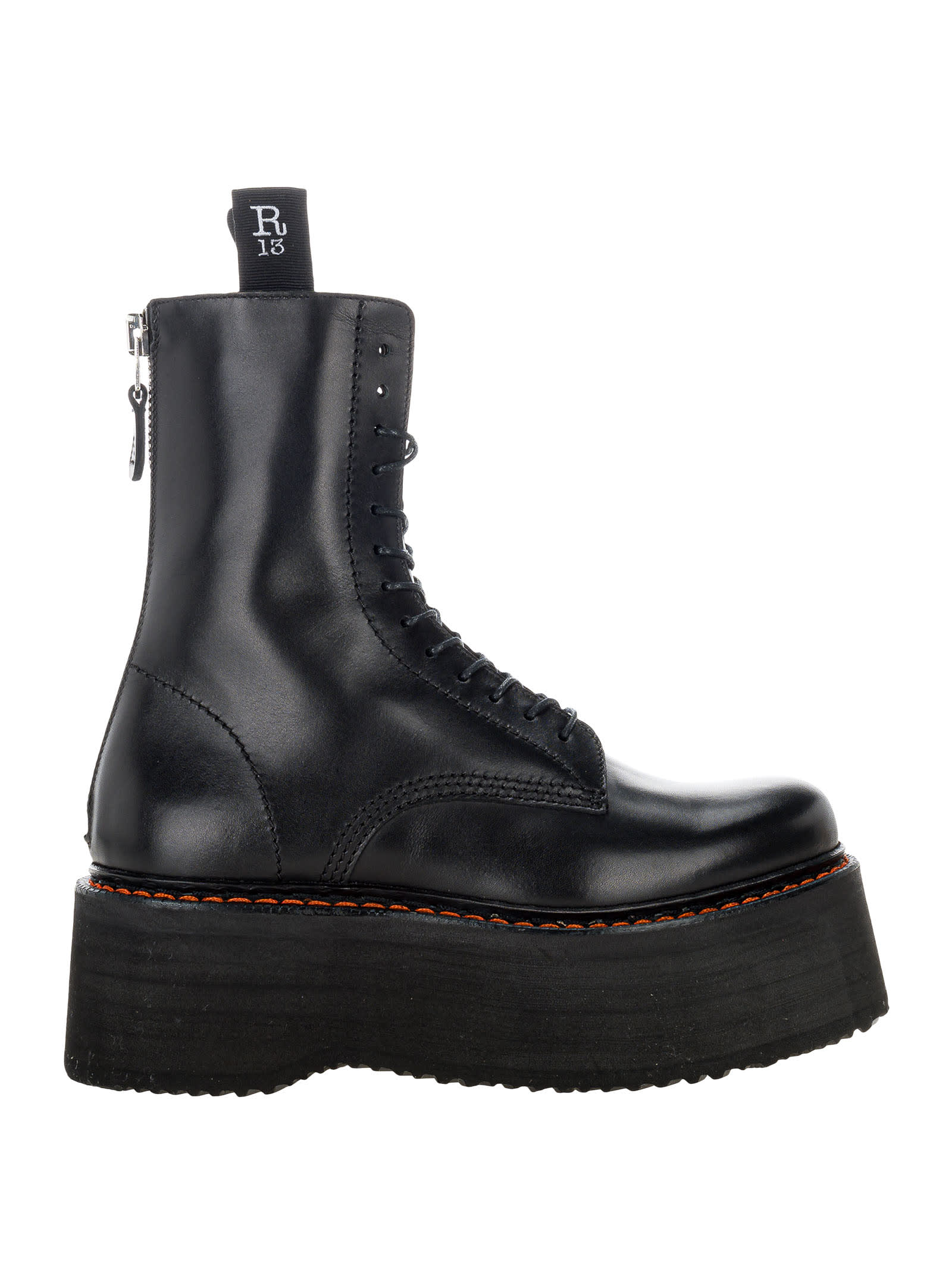 R13 Black Double Stack Lace-up Leather Boots