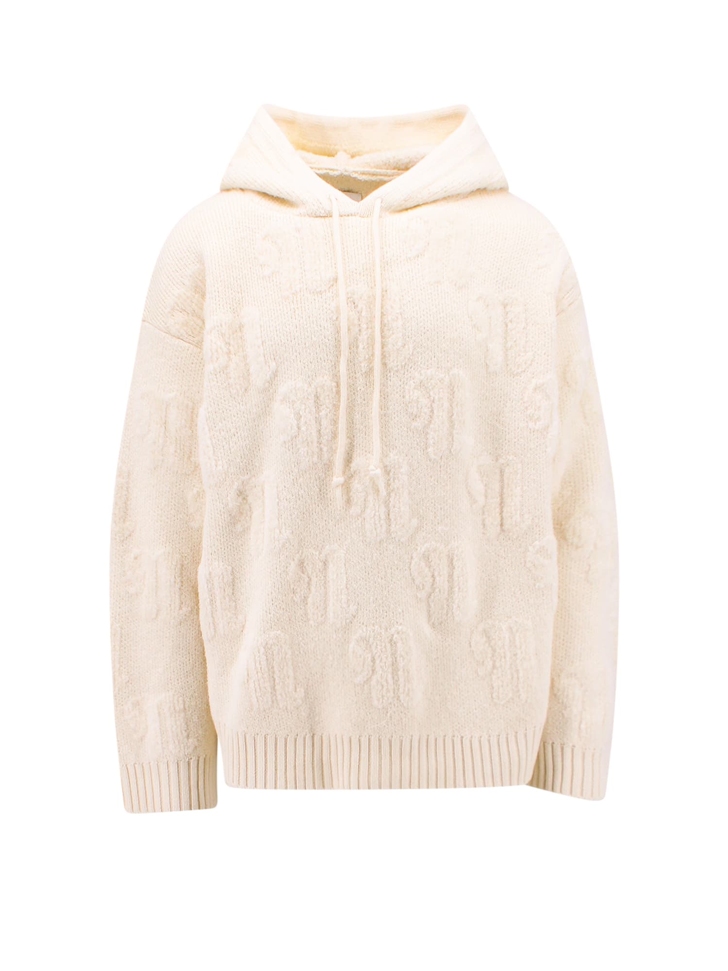 Nanushka Monogram Hooded Wool Blend Knit Sweater In Beige