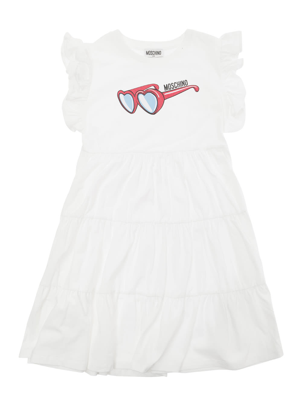 MOSCHINO WHITE FLOUNCED DRESS WITH SUNGLASSES PRINT IN STRETCH COTTON GIRL