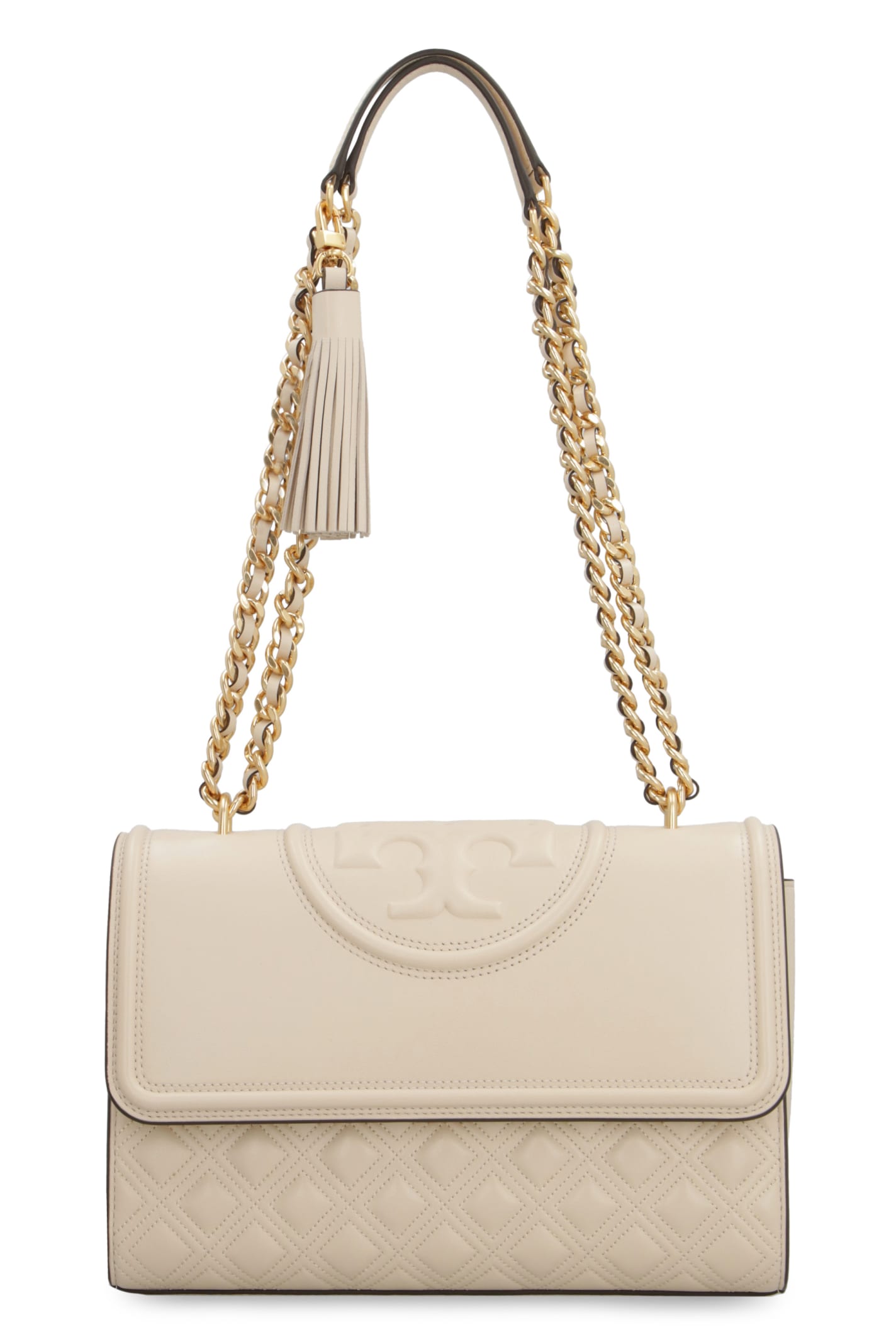 Shop Tory Burch Fleming Leather Shoulder Bag In Beige