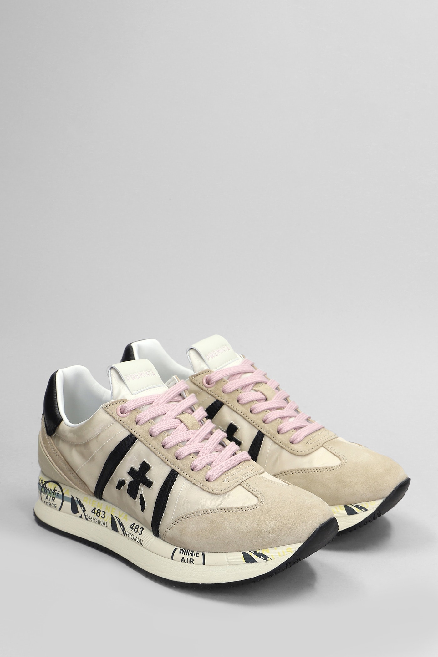 Shop Premiata Conny Sneakers In Beige Suede And Fabric